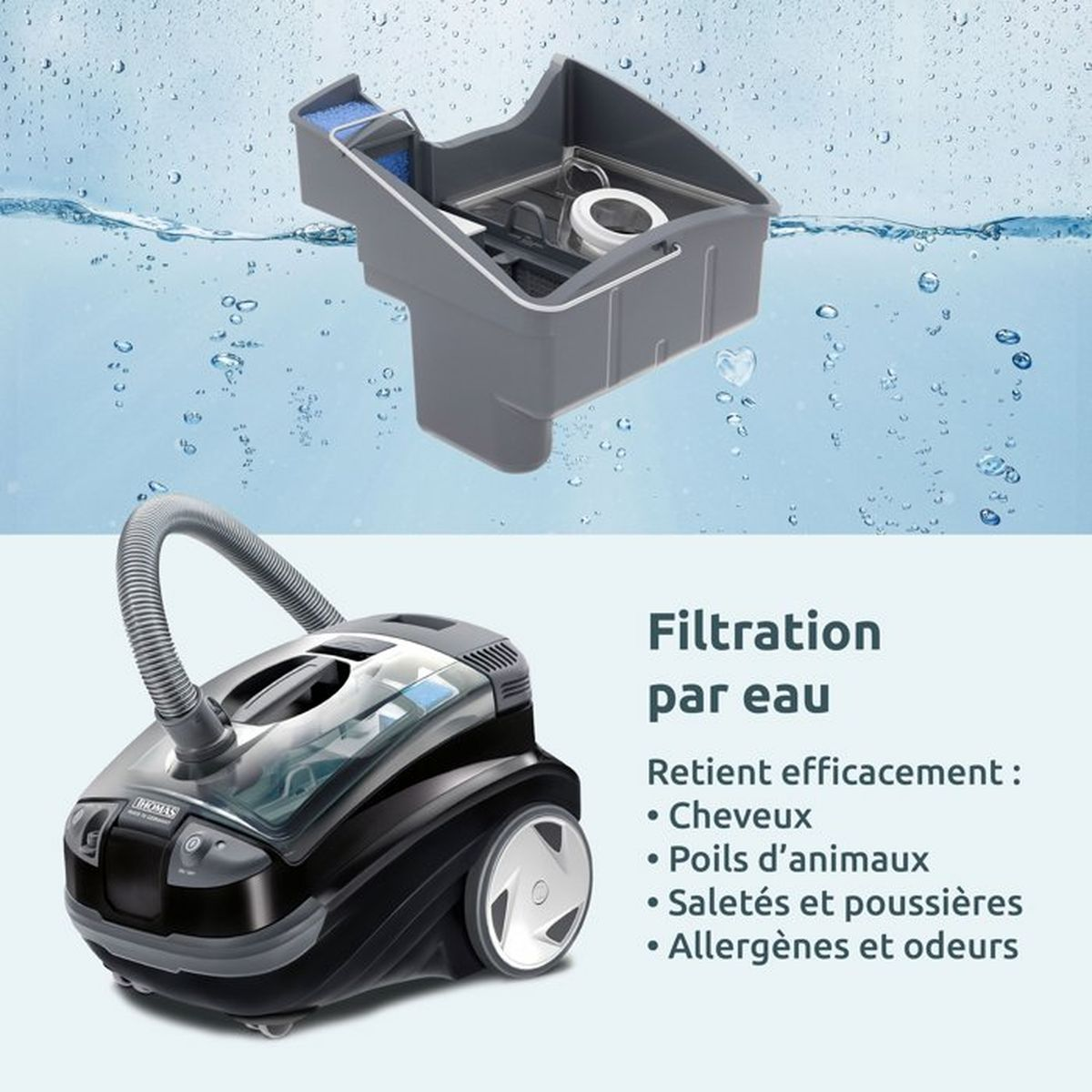 Un aspirapolvere nero con sistema di filtraggio a serbatoio d'acqua e testo in francese.