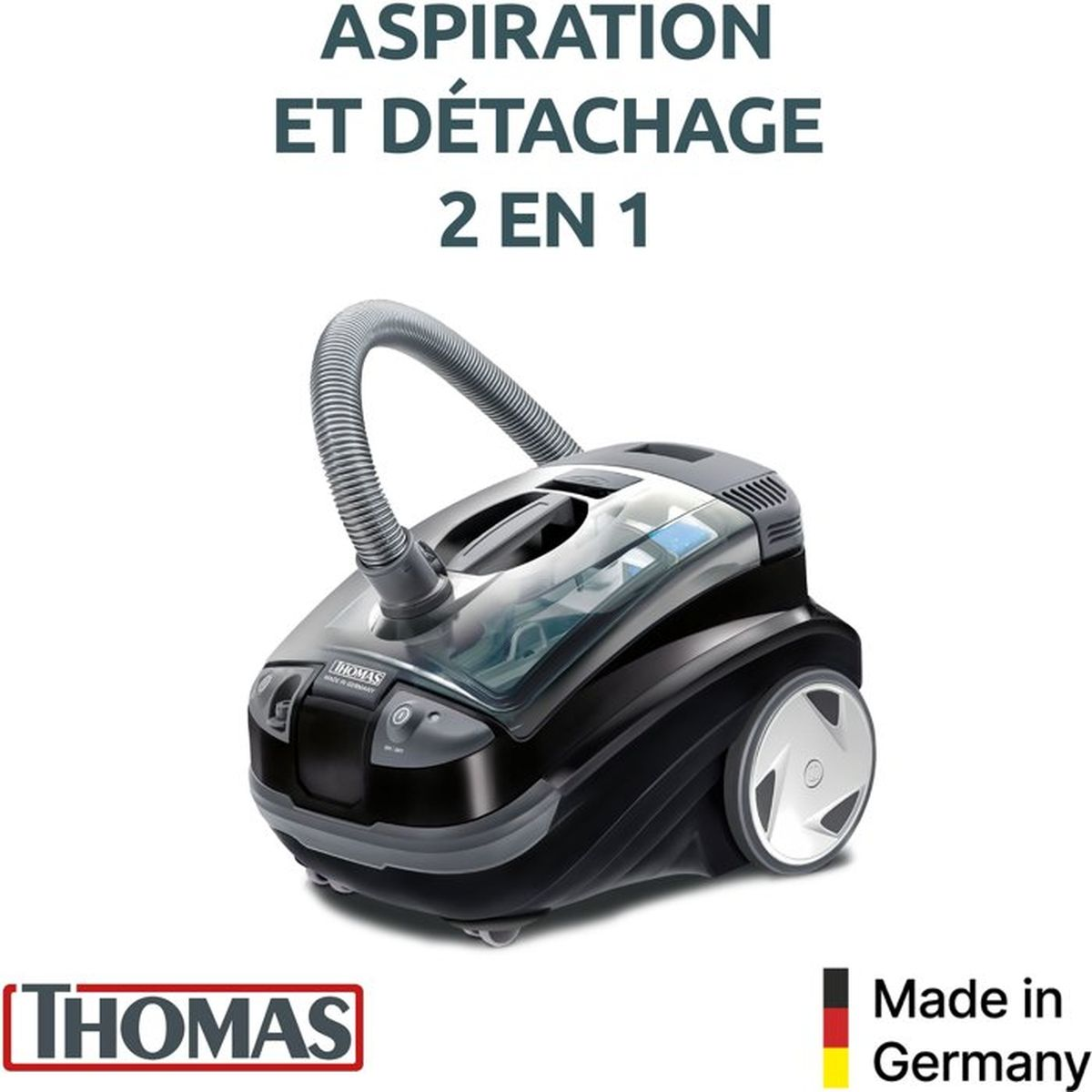 Aspirapolvere Thomas nero con tubo grigio e scritta 2 in 1.