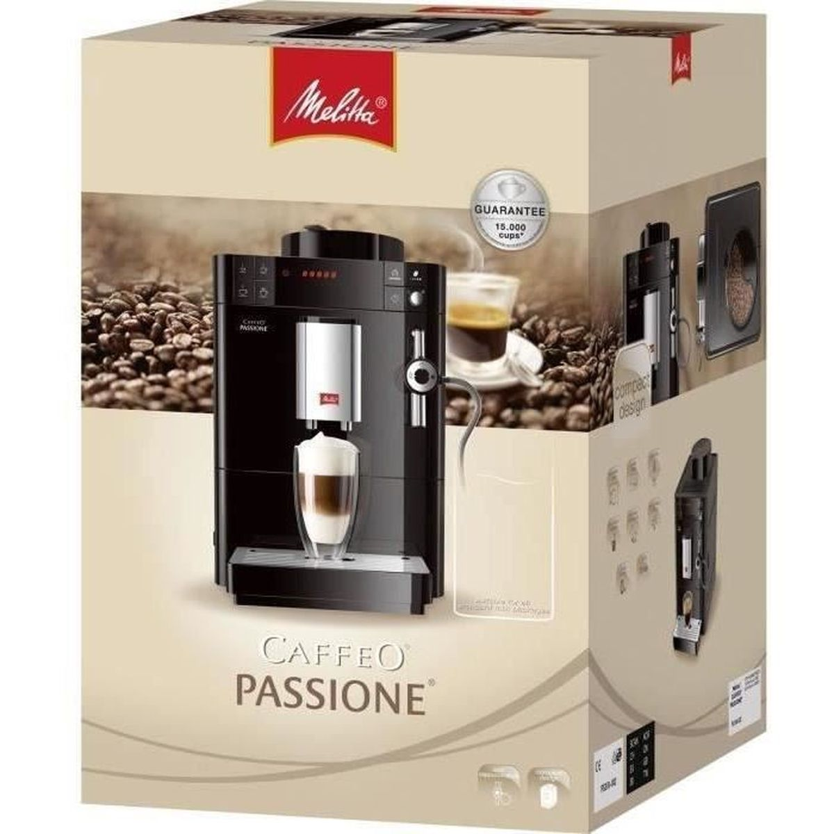 Scatola per macchina da caffè Melitta Caffeo Passione con macchina nera, chicchi di caffè sullo sfondo e un latte in primo piano.