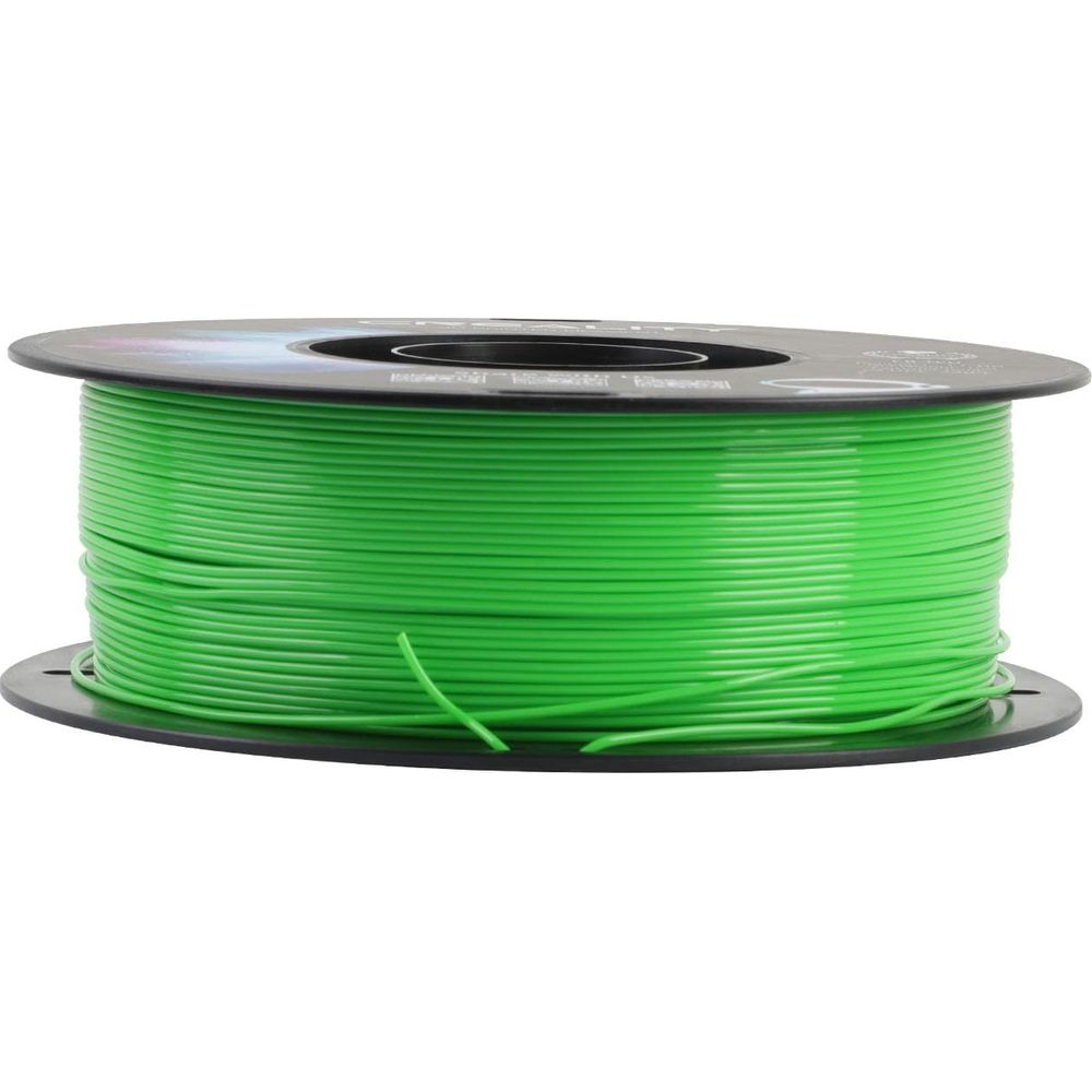 Una bobina di plastica nera piena di filante per stampante 3D verde brillante su sfondo bianco.
