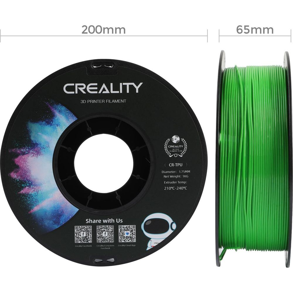 Bobina di filamento verde Creality CR-TPU per stampante 3D, diametro 200 mm e larghezza 65 mm.