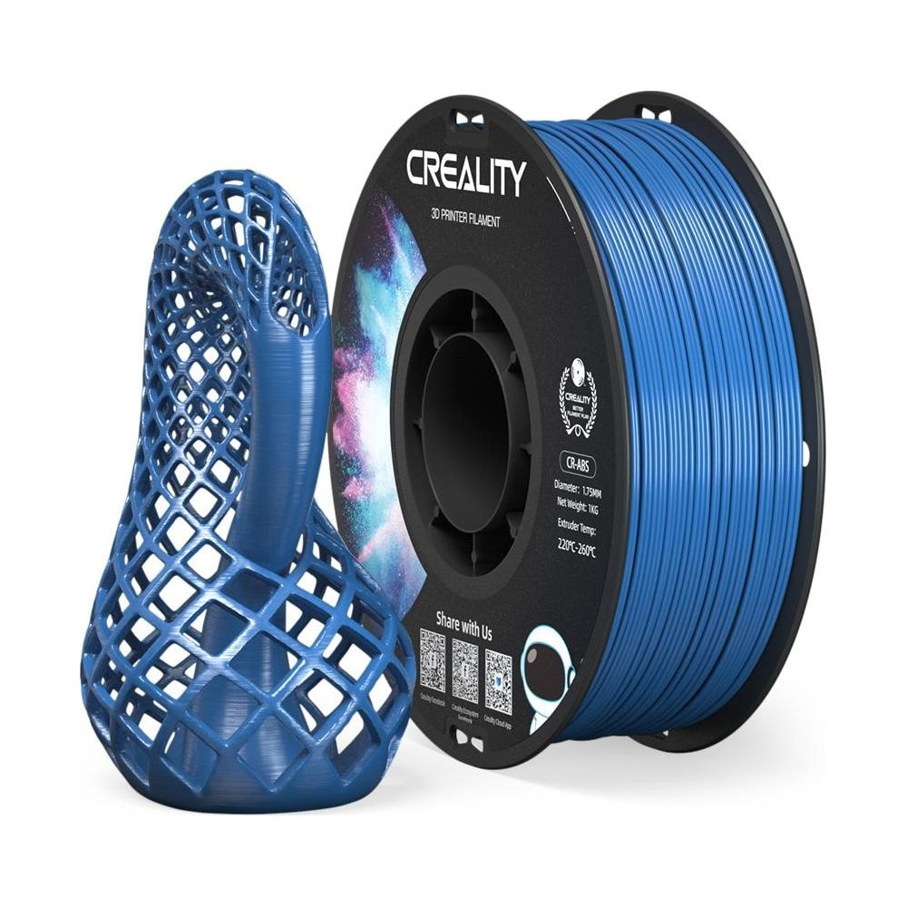 Una bobina de filamento azul para impresora 3D con el logotipo de Creality y un objeto azul impreso.