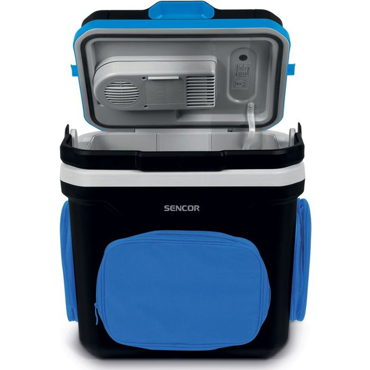 Un frigo portatile Sencor nero e blu con coperchio aperto e ventola interna.
