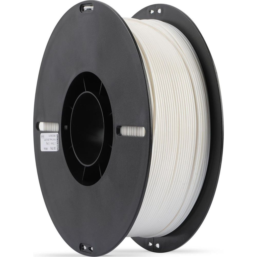 Una bobina nera di filamento bianco per stampante 3D su sfondo bianco.