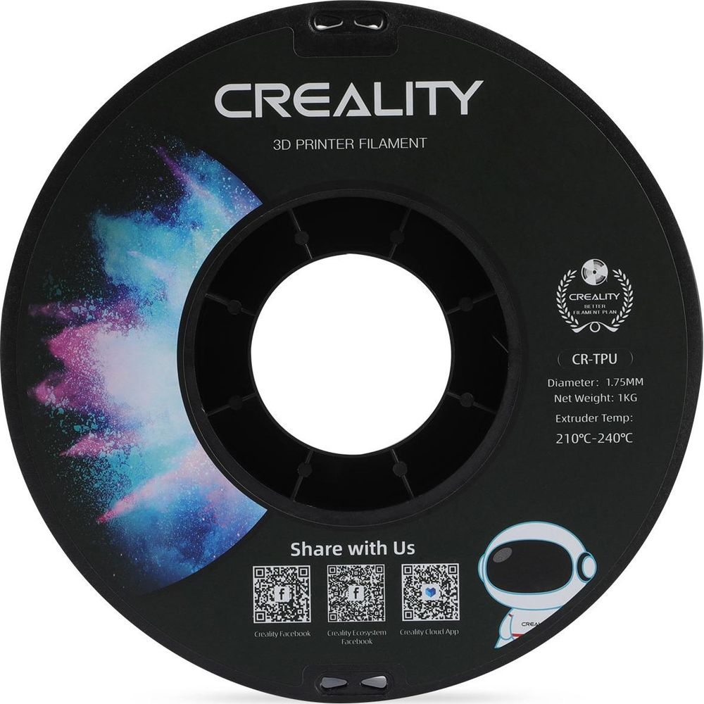 Una bobina di filamento nero Creality CR-TPU con testo, grafica nebulosa, codici QR e un astronauta dei cartoni animati.