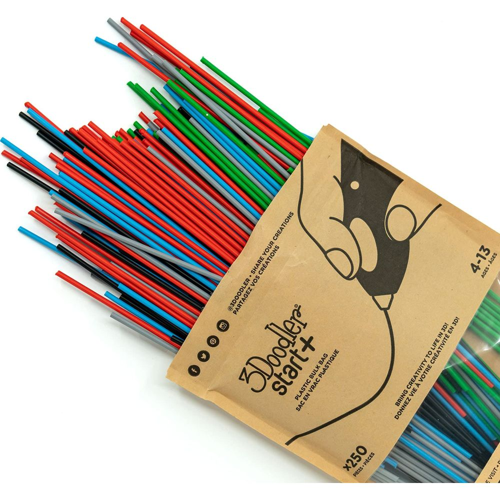 Una borsa marrone 3Doodler start+ con 250 filamenti di plastica colorati, tra cui rosso, verde, blu e nero.