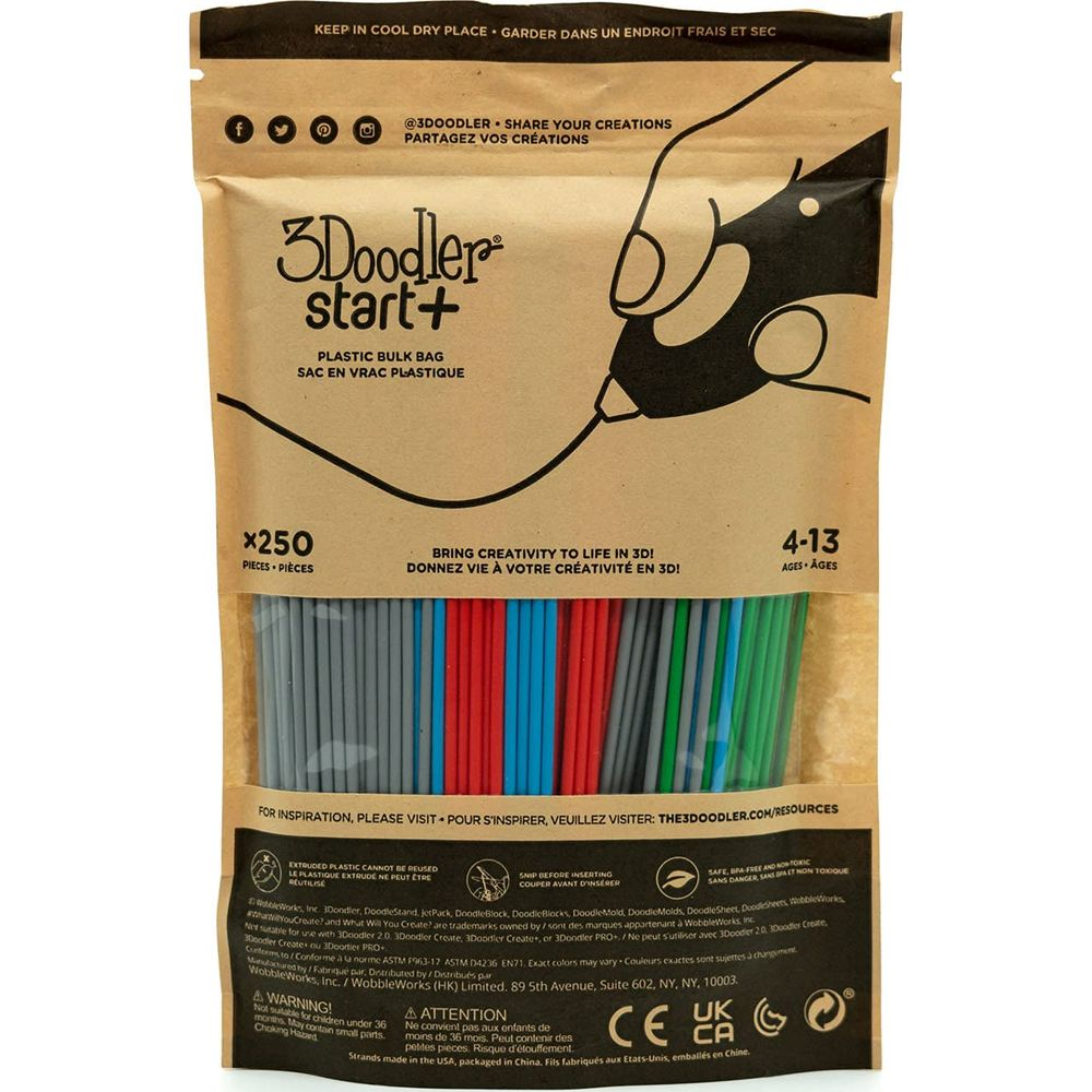 Una busta marrone di plastica 3Doodler Start+ contenente 250 filamenti di plastica colorati.