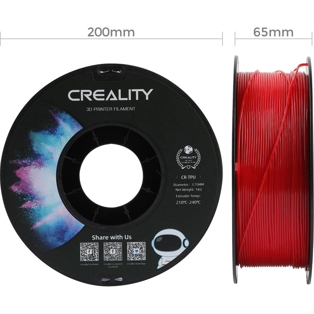 Bobina di filamento per stampante 3D Creality CR-TPU rossa con dimensioni di 200 mm di diametro e 65 mm di larghezza.