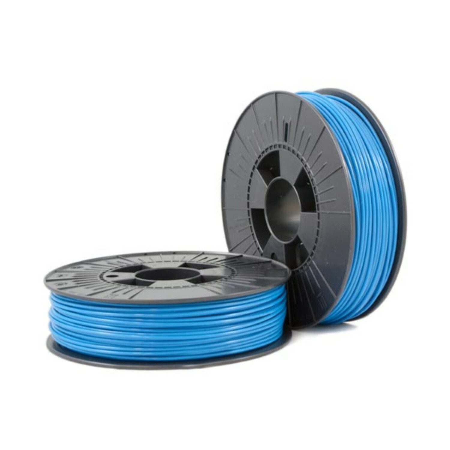 Due bobine nere di filamento blu per stampante 3D su sfondo bianco.