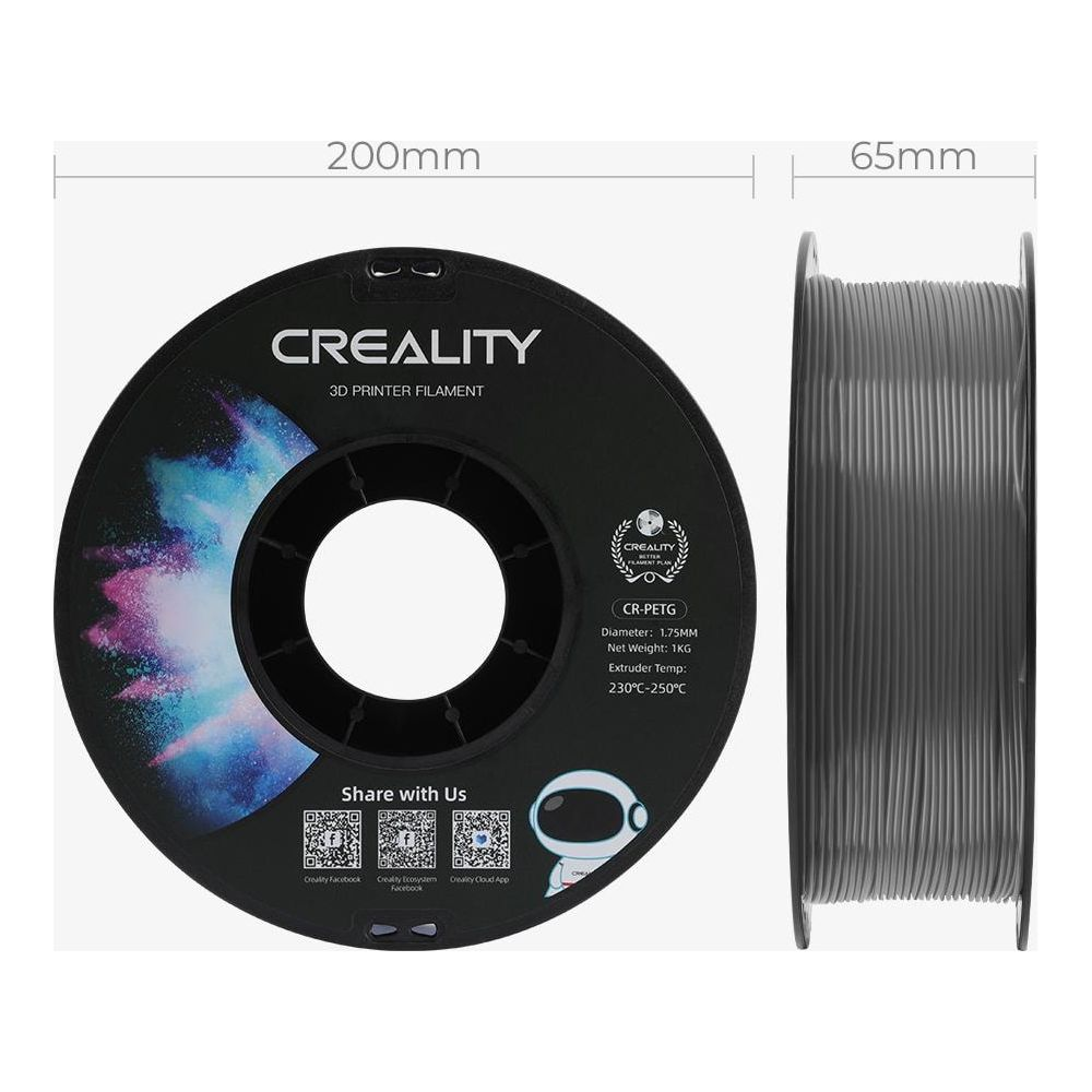 Diagramma tecnico che mostra una bobina di filamento per stampante 3D Creality nera con dimensioni di 200 mm e 65 mm.