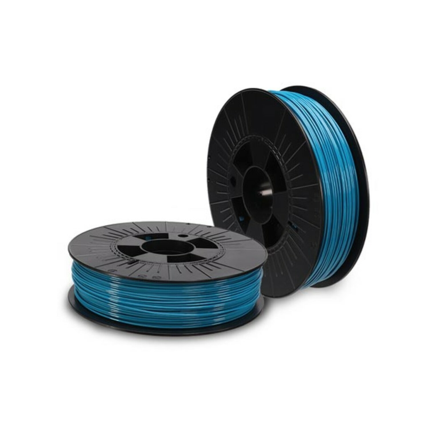 Due bobine nere con filamento per stampante 3D blu brillante su sfondo bianco.