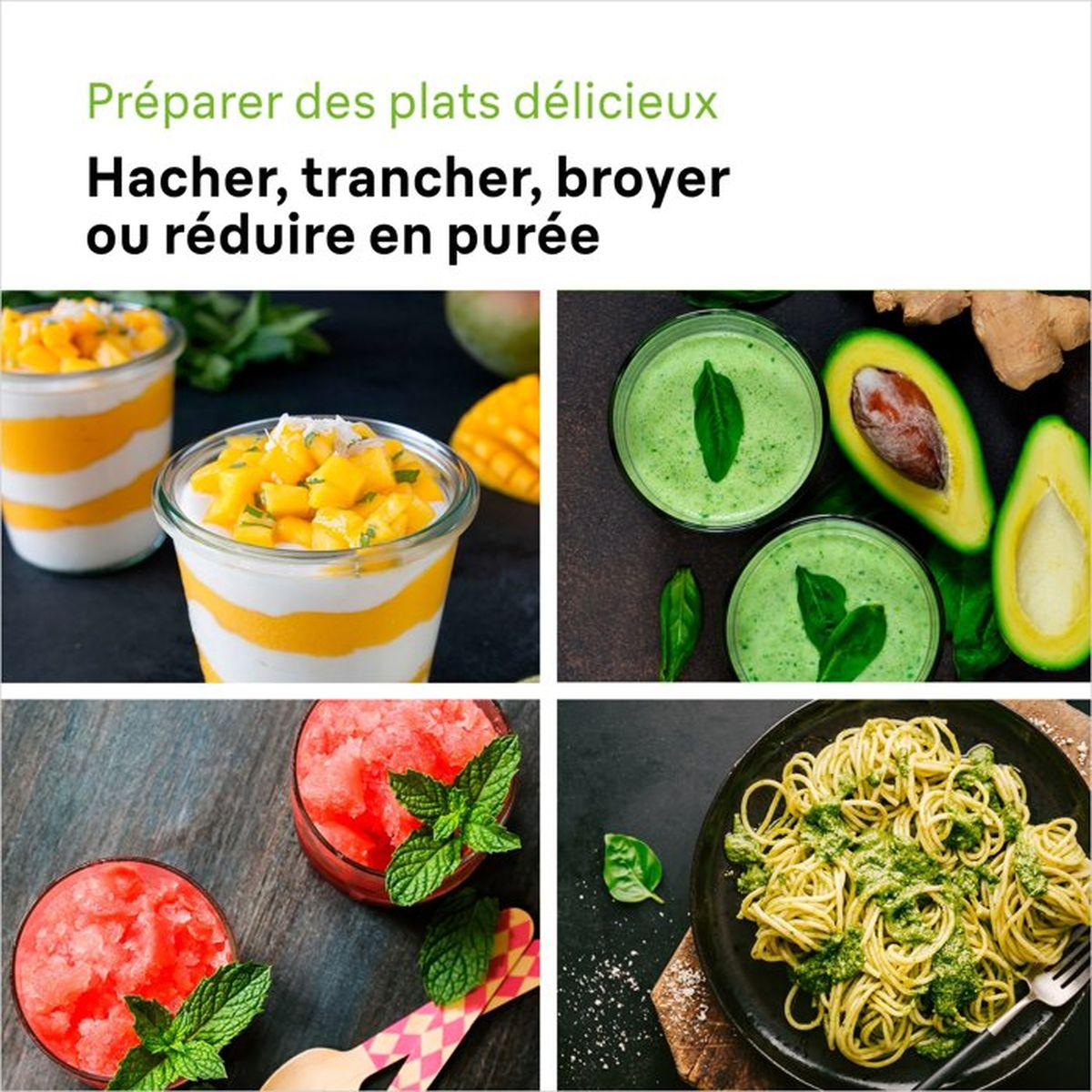 Quattro immagini di cibo con dessert al mango, smoothie di avocado, anguria con menta e pasta al pesto.