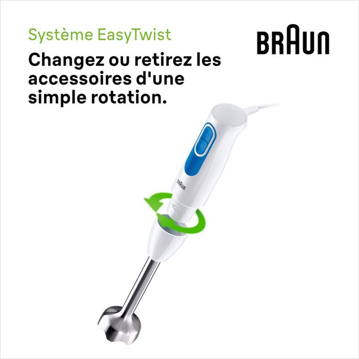 Un frullatore a immersione bianco Braun con bottoni blu e un accessorio girevole su sfondo bianco.