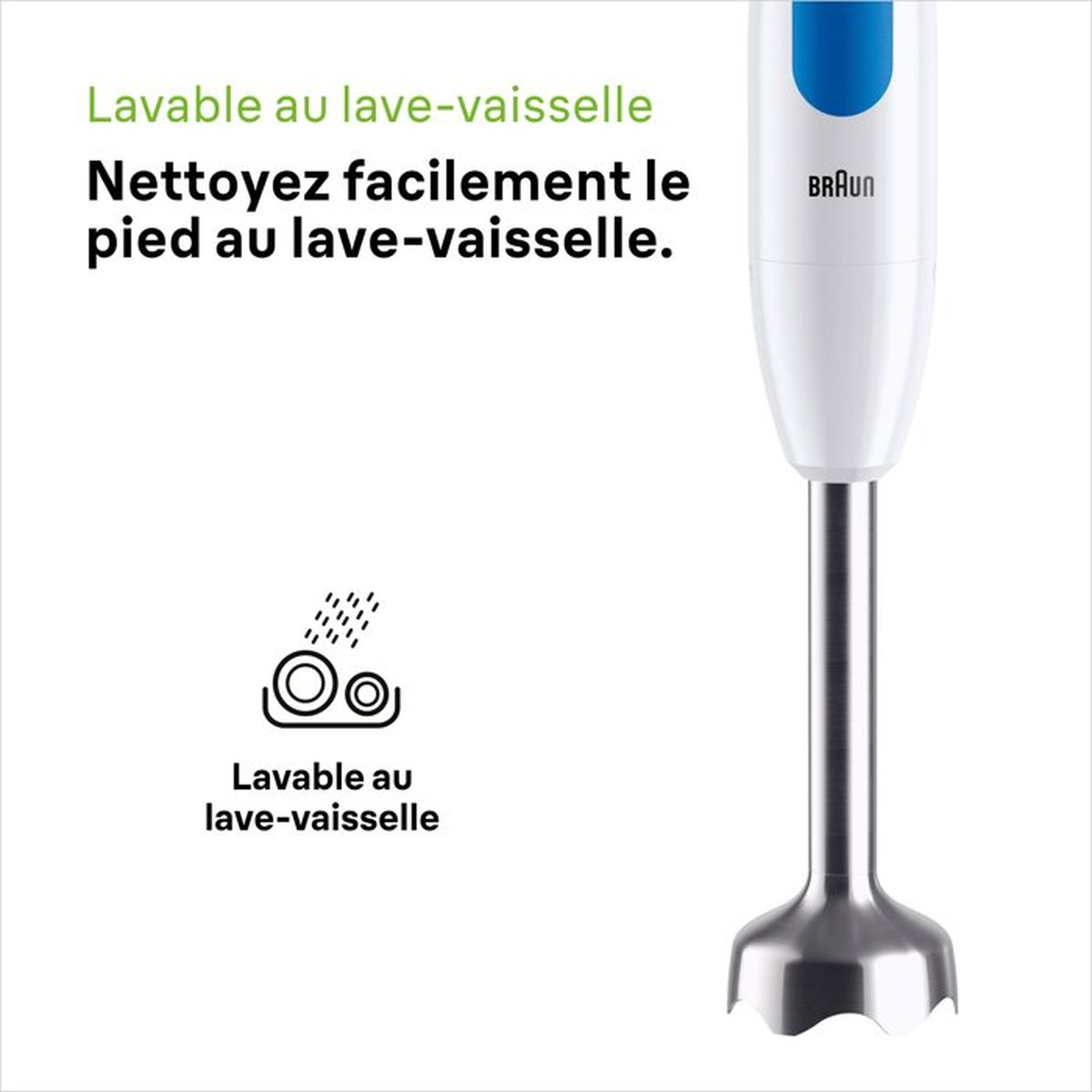 Un frullatore ad immersione Braun bianco con gambo in acciaio e testo lavabile in lavastoviglie.