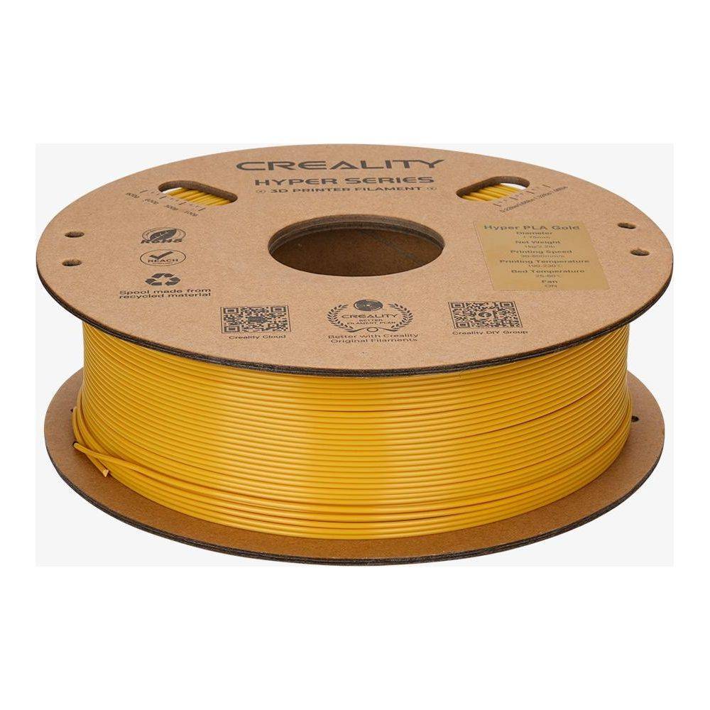 Una bobina di filamento PLA dorato per stampante 3D Creality Hyper Series su sfondo bianco.