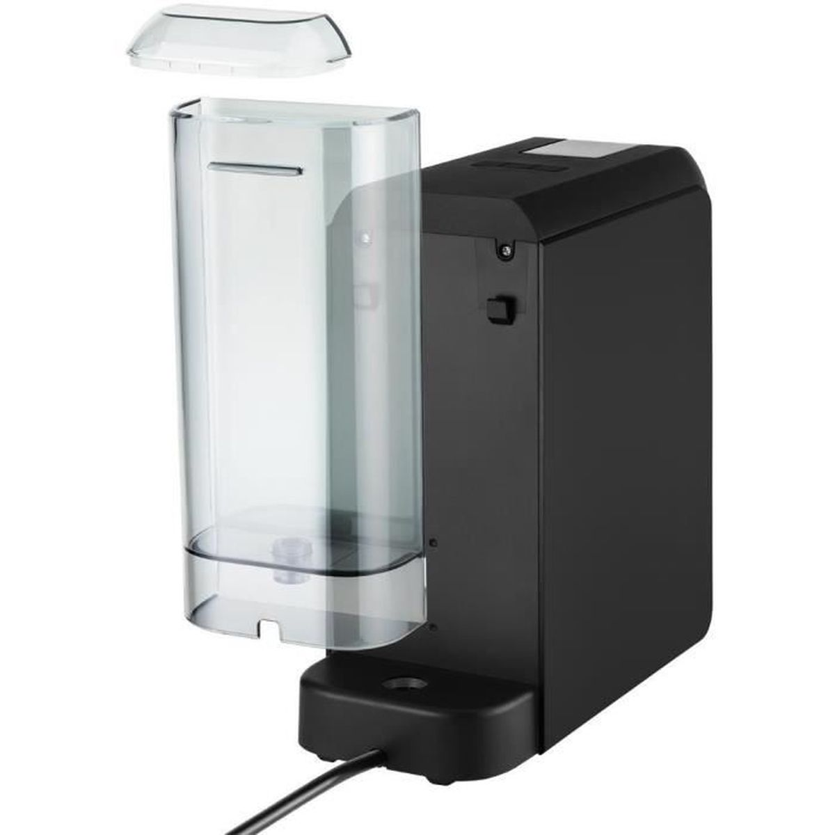 Eine schwarze Kaffeemaschine mit abnehmbarem Wassertank und Deckel auf weißem Hintergrund.