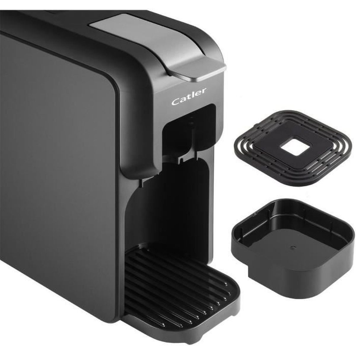 Eine schwarze Catler Kaffeemaschine mit abnehmbarer Tropfschale und Gittern auf weißem Hintergrund.