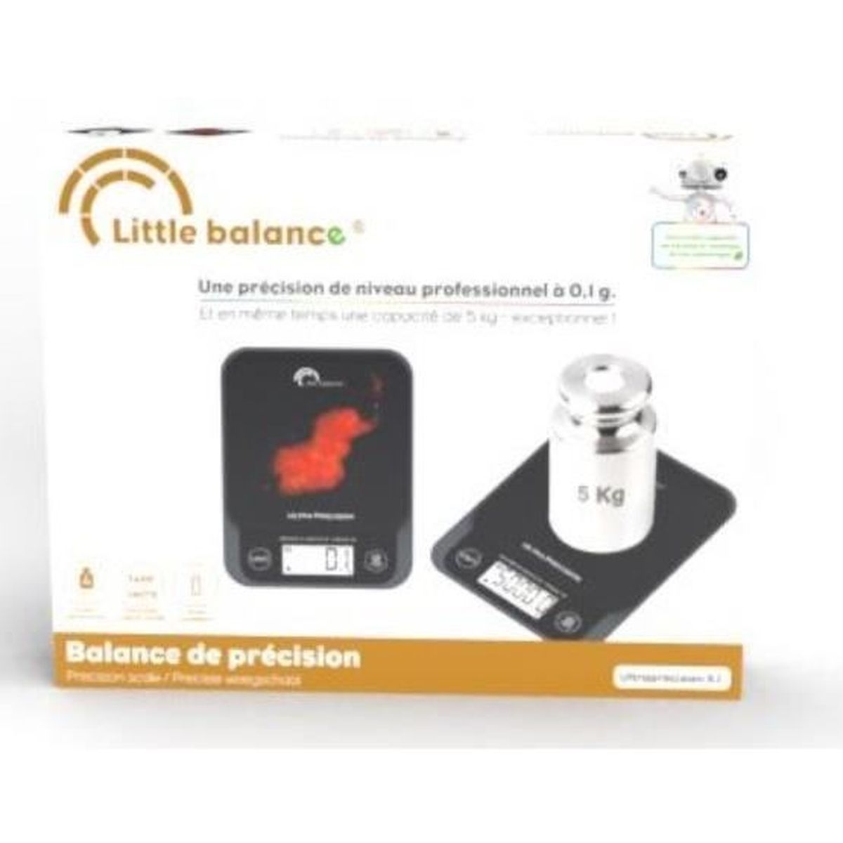 Confezione della bilancia di precisione Little Balance con un peso di 5 kg sulla bilancia nera.
