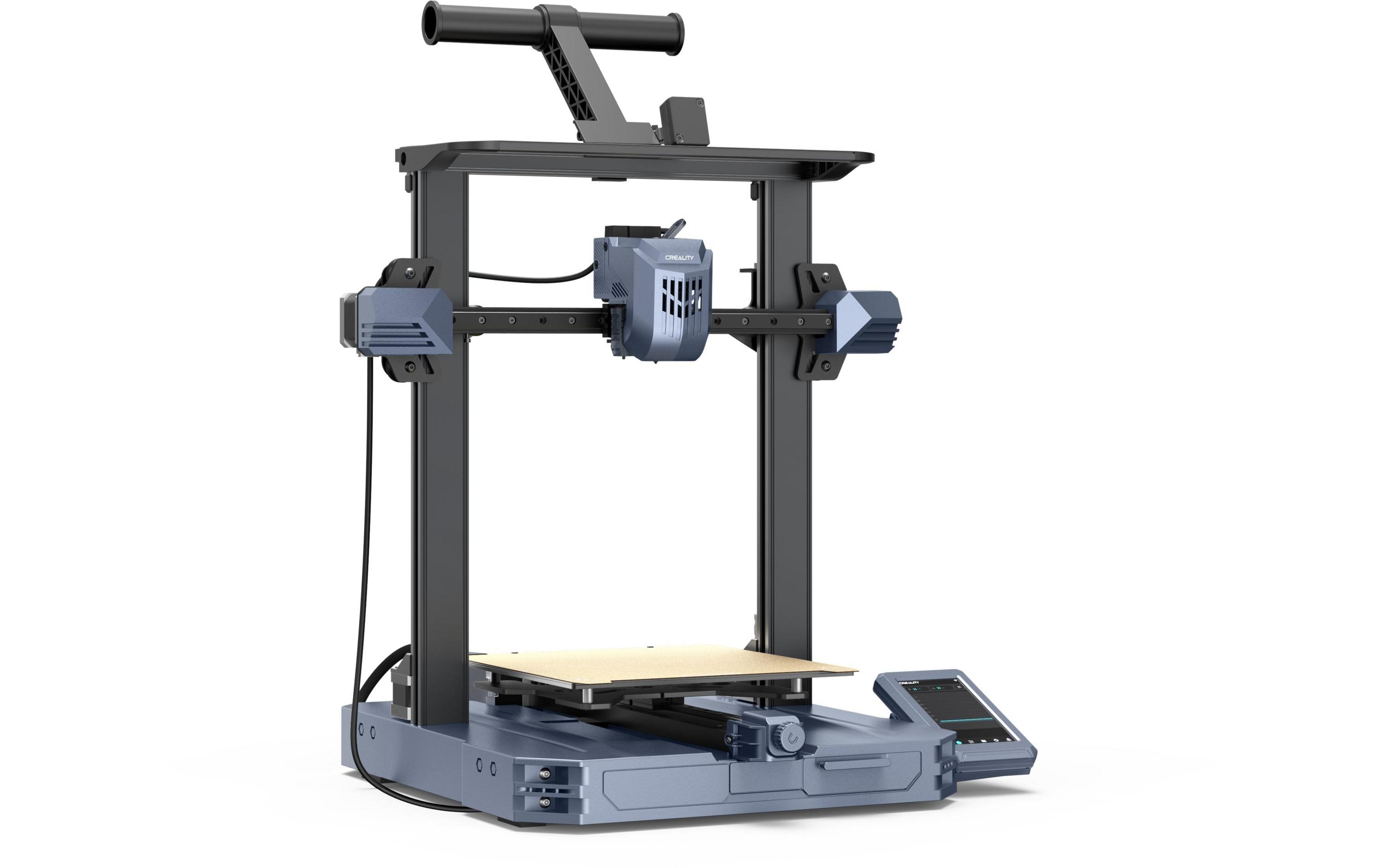Una stampante 3D blu con telaio in metallo, testina di stampa, piatto riscaldato e display touch.