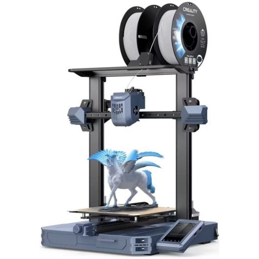 Una stampante 3D stampa una statuetta di cavallo alato blu, con bobine di filamento sopra.