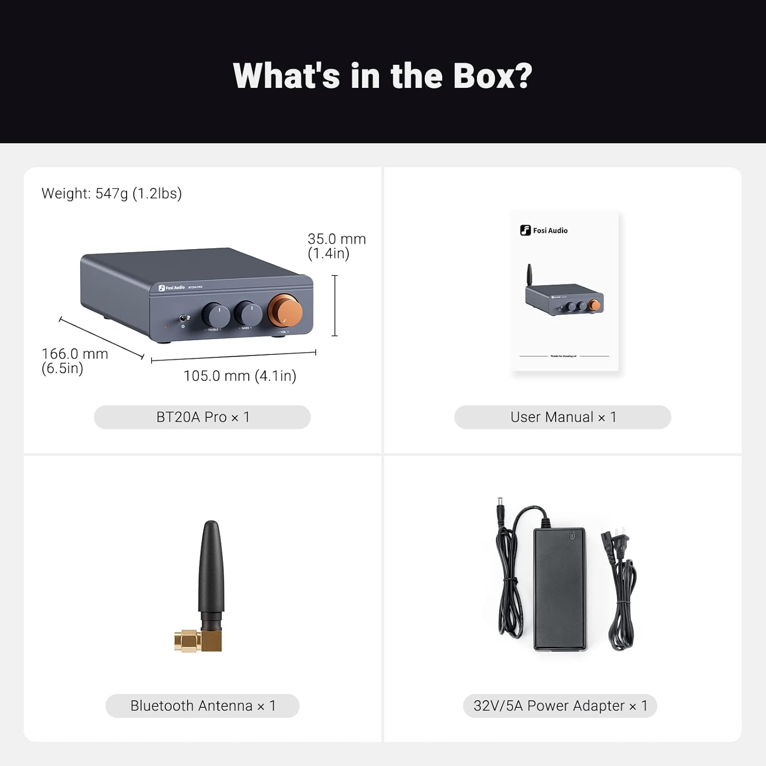 Package contents: Fosi Audio amplifier, user manual, Bluetooth antenna, and power adapter.