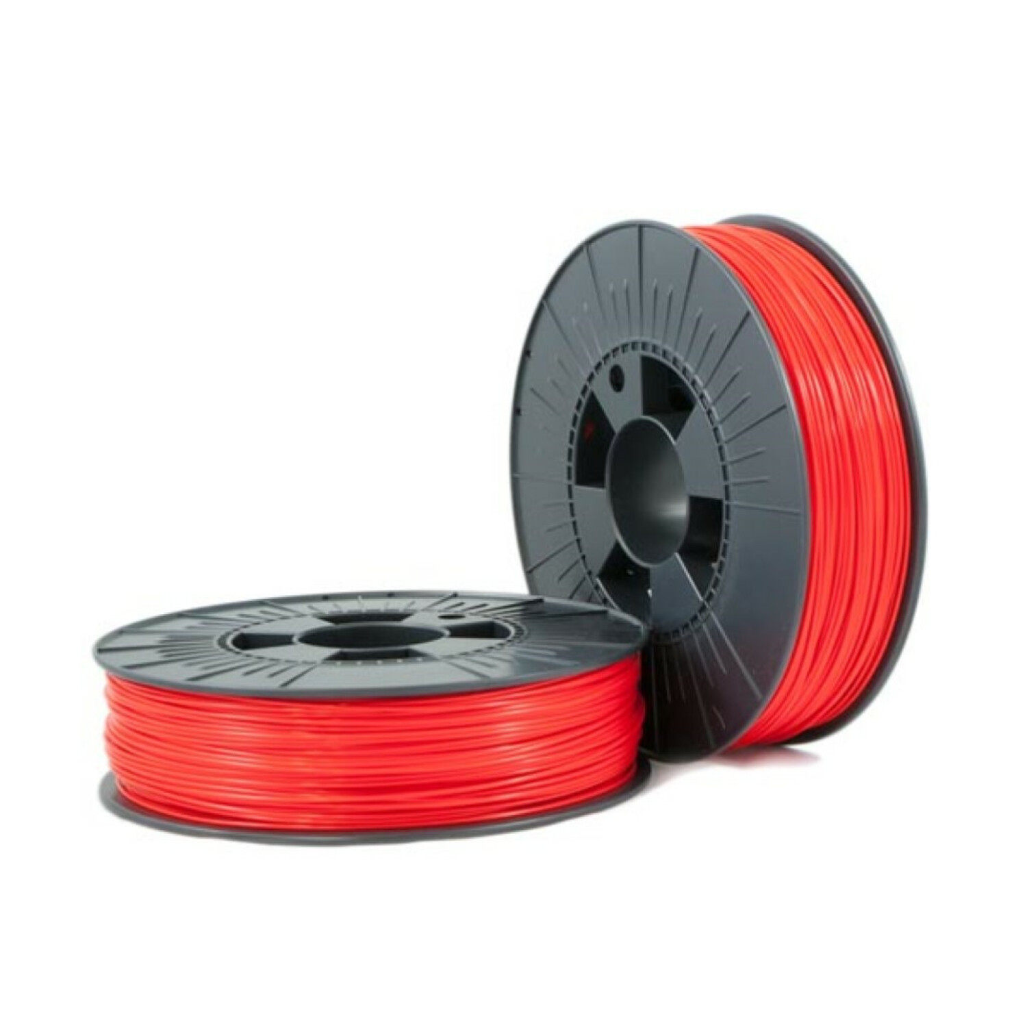 Due bobine nere di filamento rosso per stampante 3D su sfondo bianco.