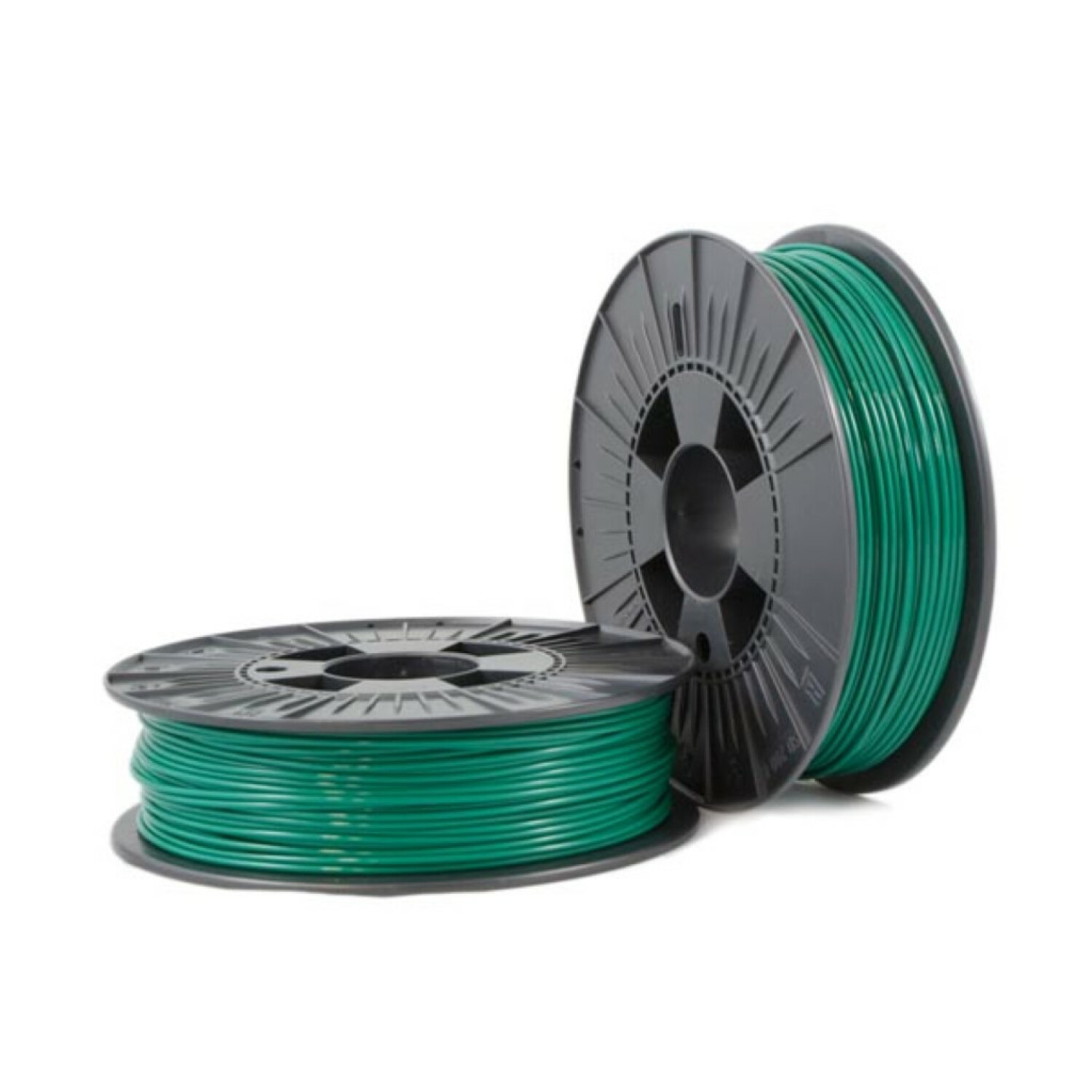 Due bobine nere con filamento per stampante 3D verde su sfondo bianco.