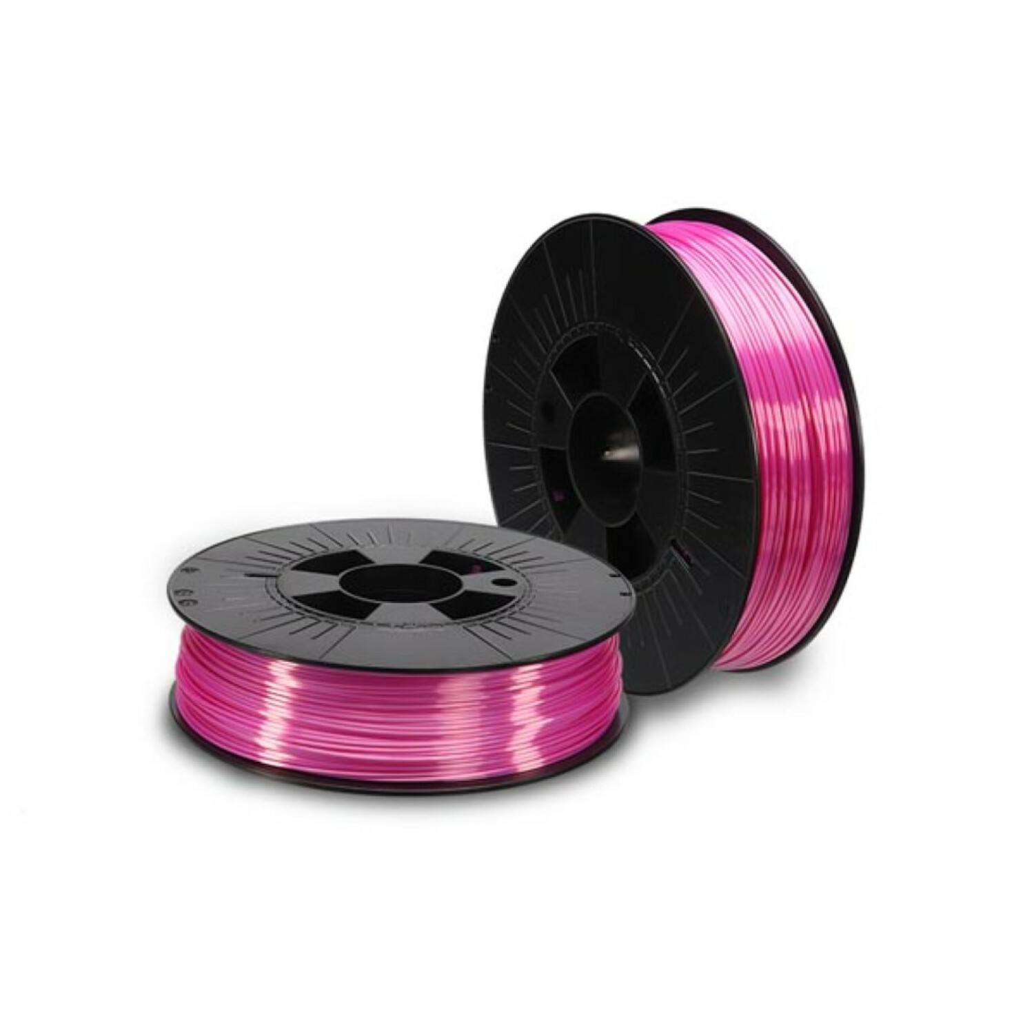Due bobine nere di filamento rosa vivo per stampante 3D su sfondo bianco.