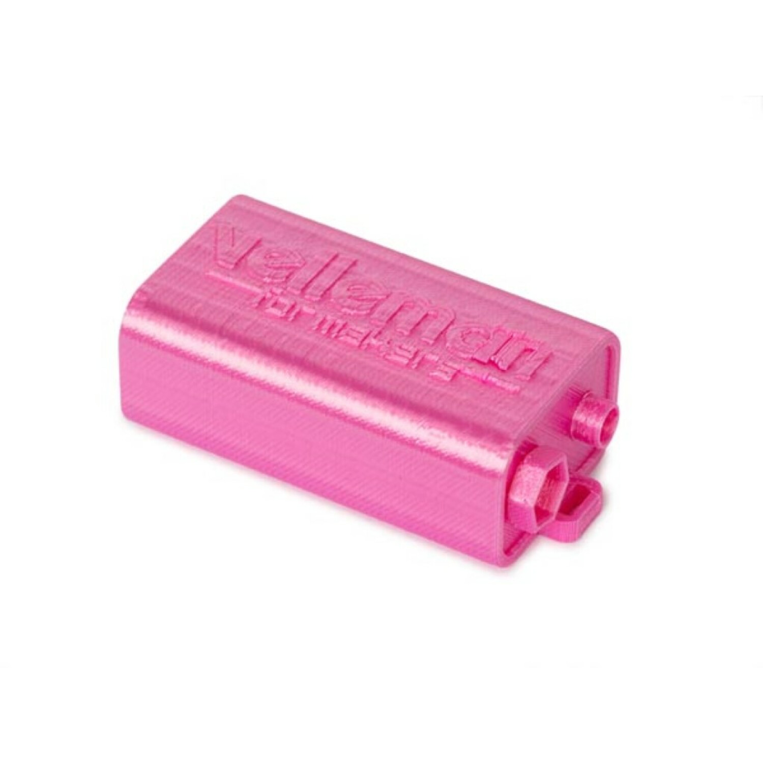 Una scatola rettangolare rosa stampata in 3D con testo in rilievo su sfondo bianco.