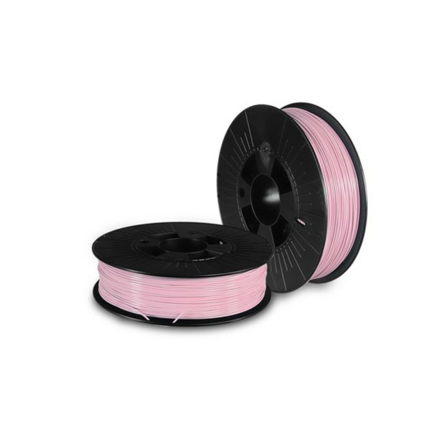 Due bobine nere di filante rosa chiaro per stampante 3D su sfondo bianco.