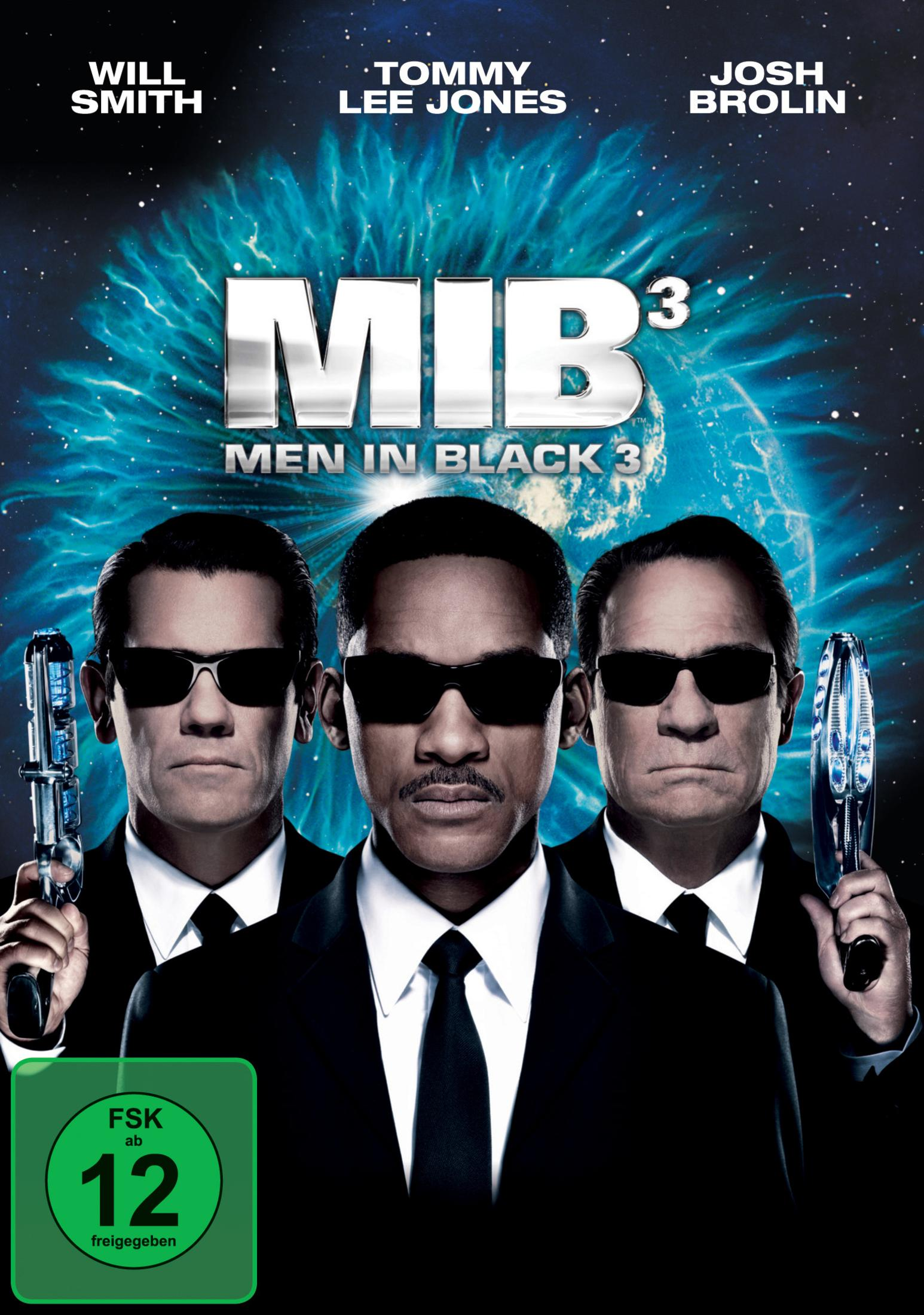 Men in Black 3 Plakat mit Will Smith, Tommy Lee Jones und Josh Brolin in schwarzen Anzügen und Sonnenbrillen.