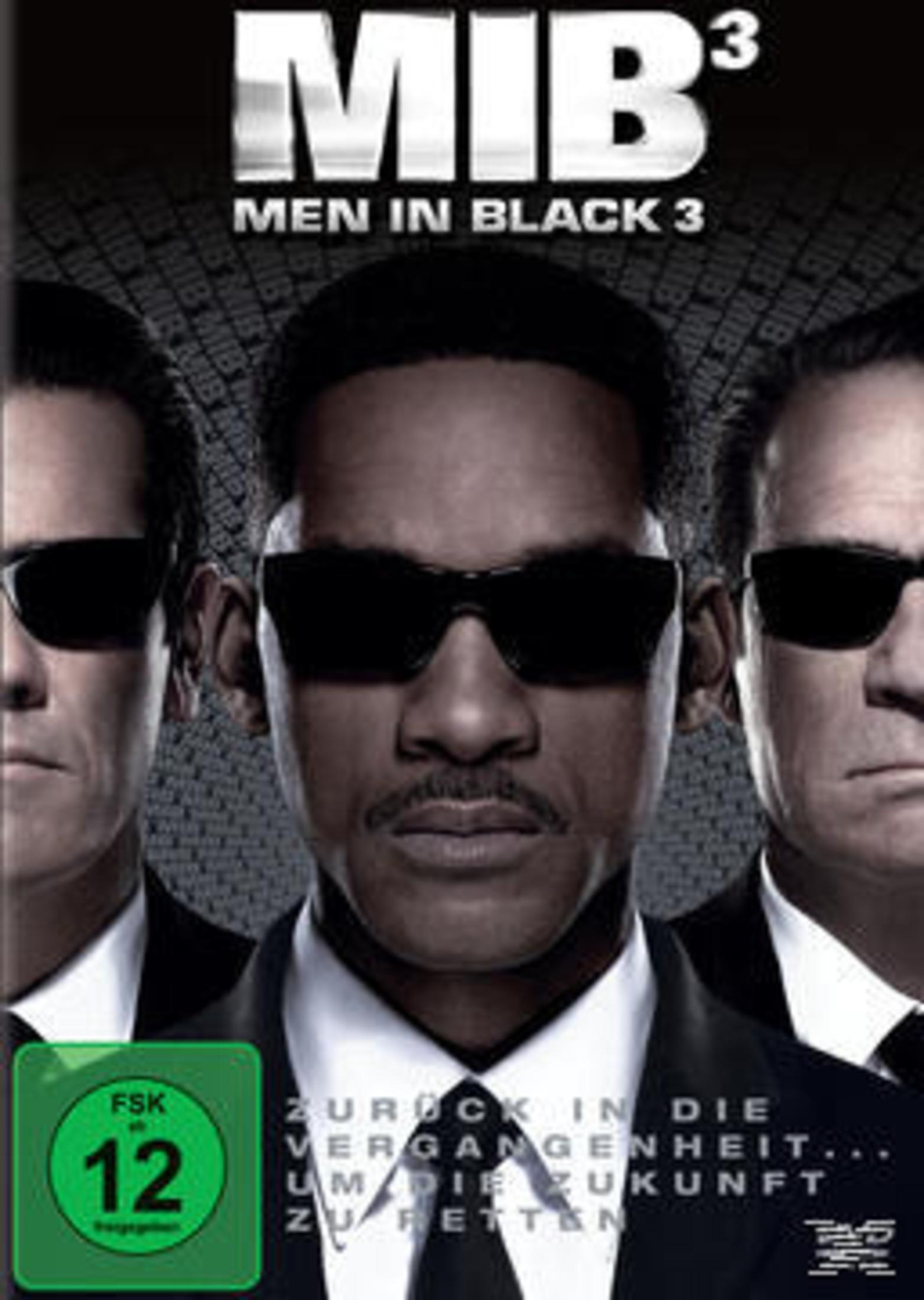 Filmplakat für Men in Black 3 mit drei Männern in schwarzen Anzügen und Sonnenbrillen vor dunklem Hintergrund.