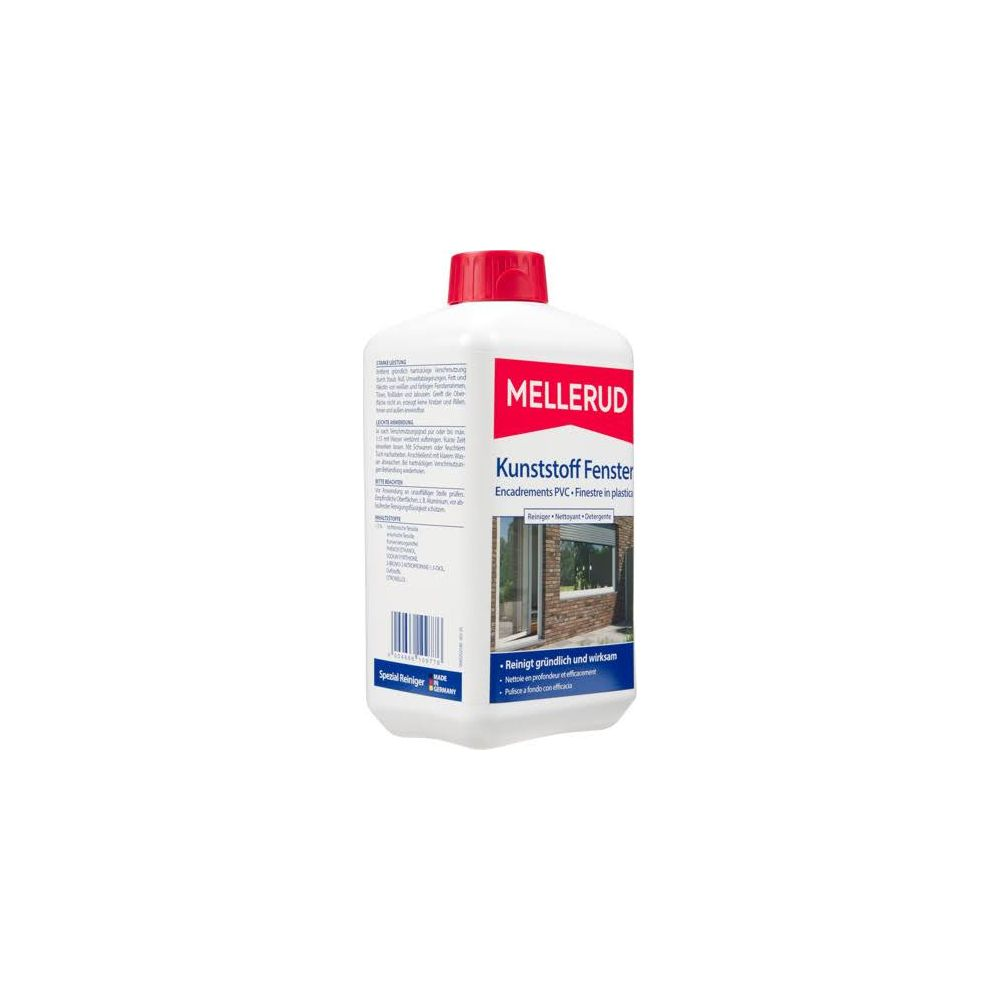 Eine weiße Mellerud Kunststoff-Fenster-Reiniger Flasche mit rotem Deckel und Produktetikett.