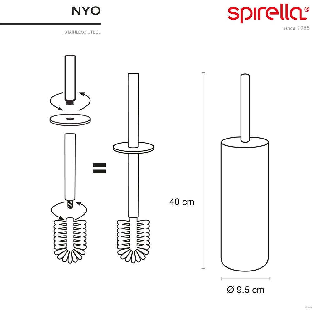 Diagramm einer Spirella Nyo Edelstahl-Toilettenbürste mit 40 cm Höhe und 9.5 cm Durchmesser.