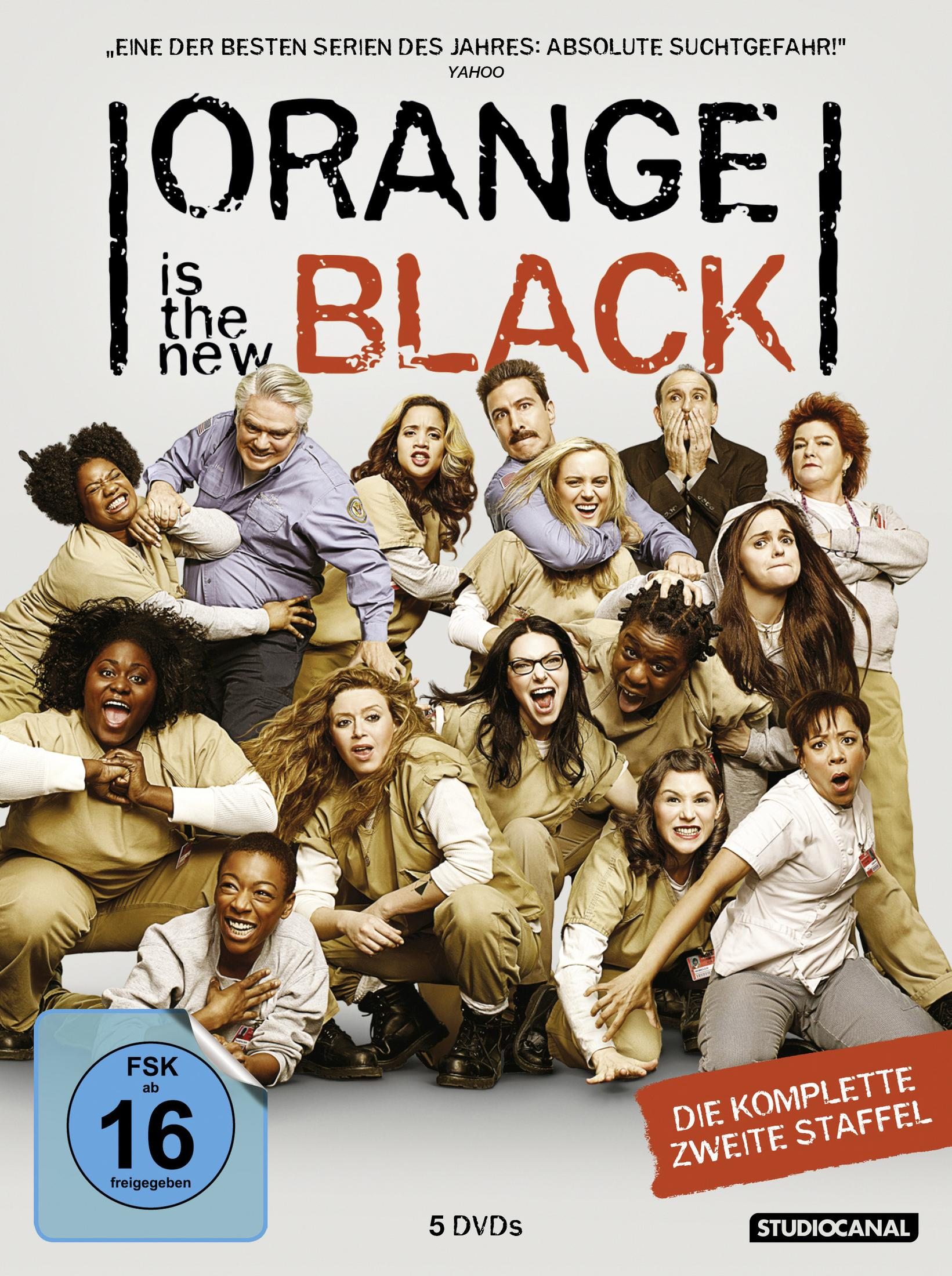 DVD-Cover von Orange Is the New Black mit dem Cast in Gefängnisuniformen vor hellem Hintergrund.