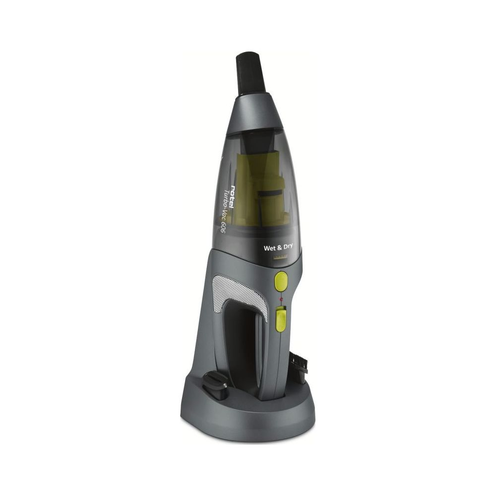 Un aspirapolvere portatile grigio Rotel Turbo-Vac 606 si trova sulla sua base di ricarica su sfondo bianco.