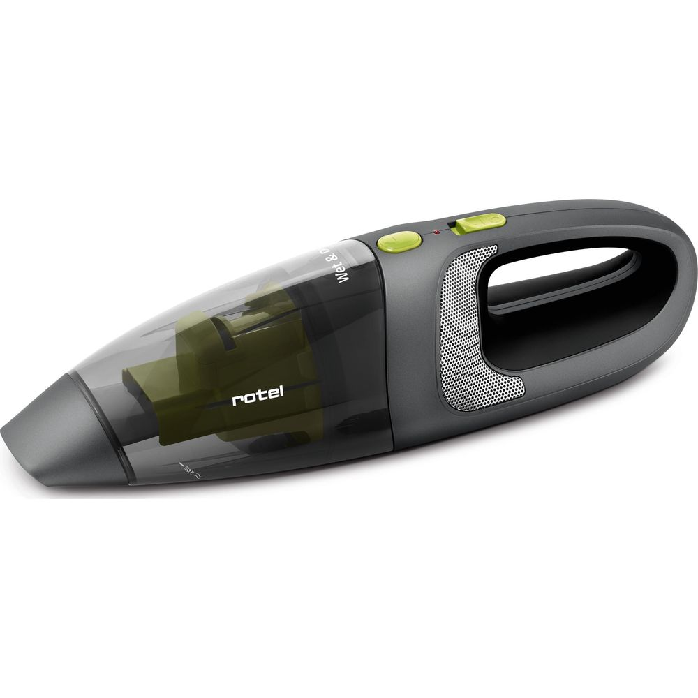 Aspirapolvere portatile Rotel grigio scuro con contenitore della polvere trasparente e tasti verdi su sfondo bianco.