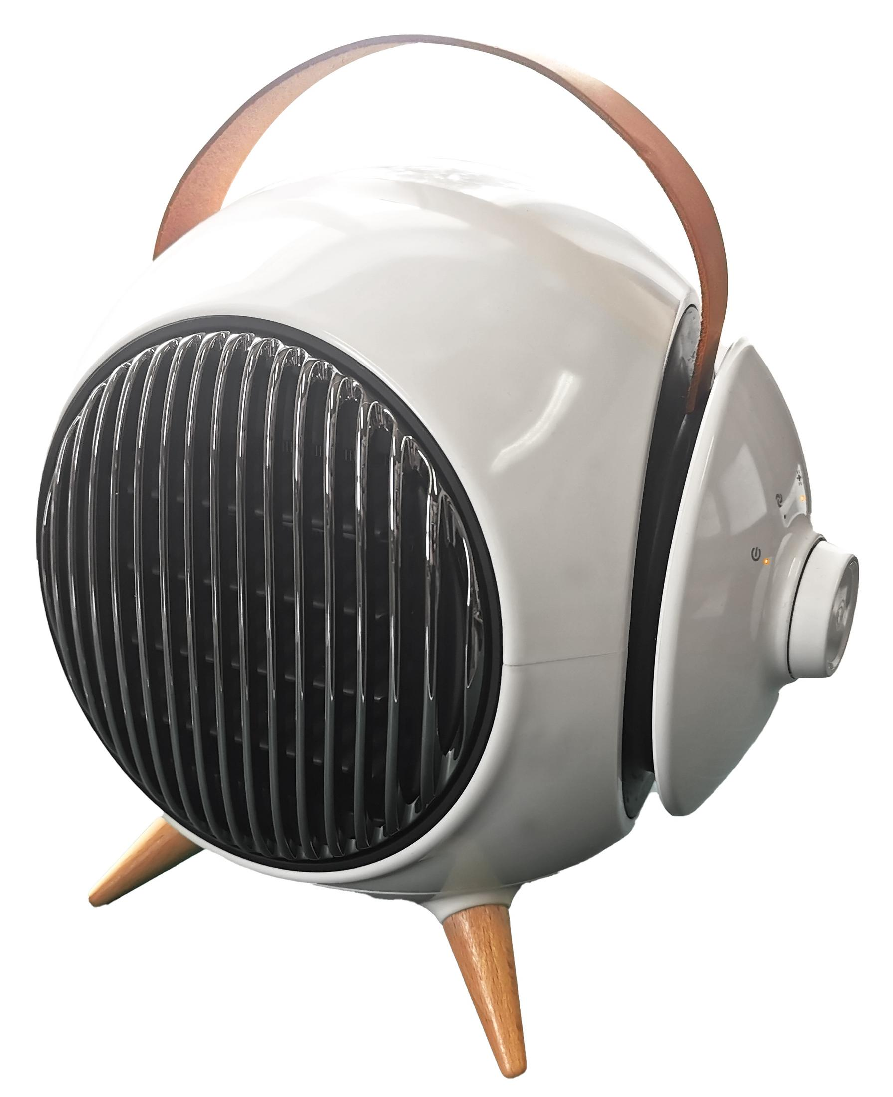 Un termoventilatore rotondo e bianco con gambe in legno e cinturino in pelle.