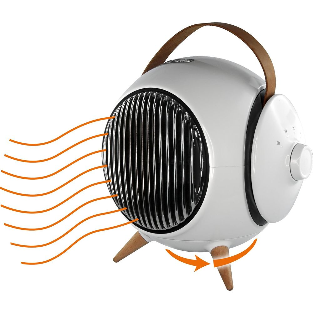 Termoventilatore rotondo bianco con gambe in legno, maniglia e linee di calore arancioni.