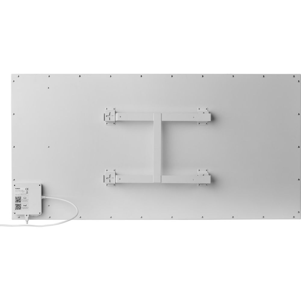 Vista posteriore di un pannello riscaldante rettangolare piatto bianco con staffa centrale e un controller di alimentazione a sinistra.