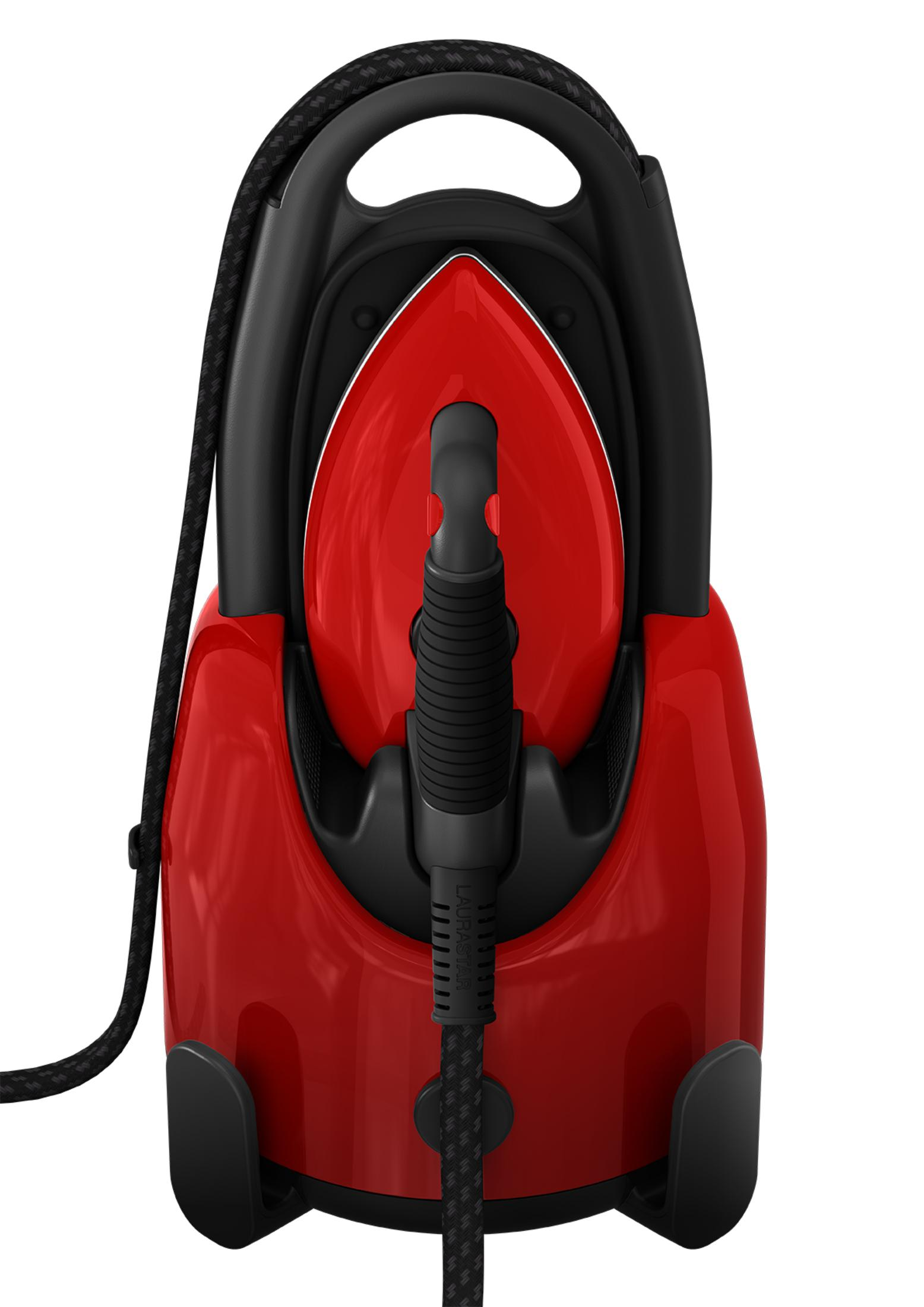 Glänzendes rotes Dampfbügeleisen mit schwarzer Halterung und Kabel vor weißem Hintergrund.