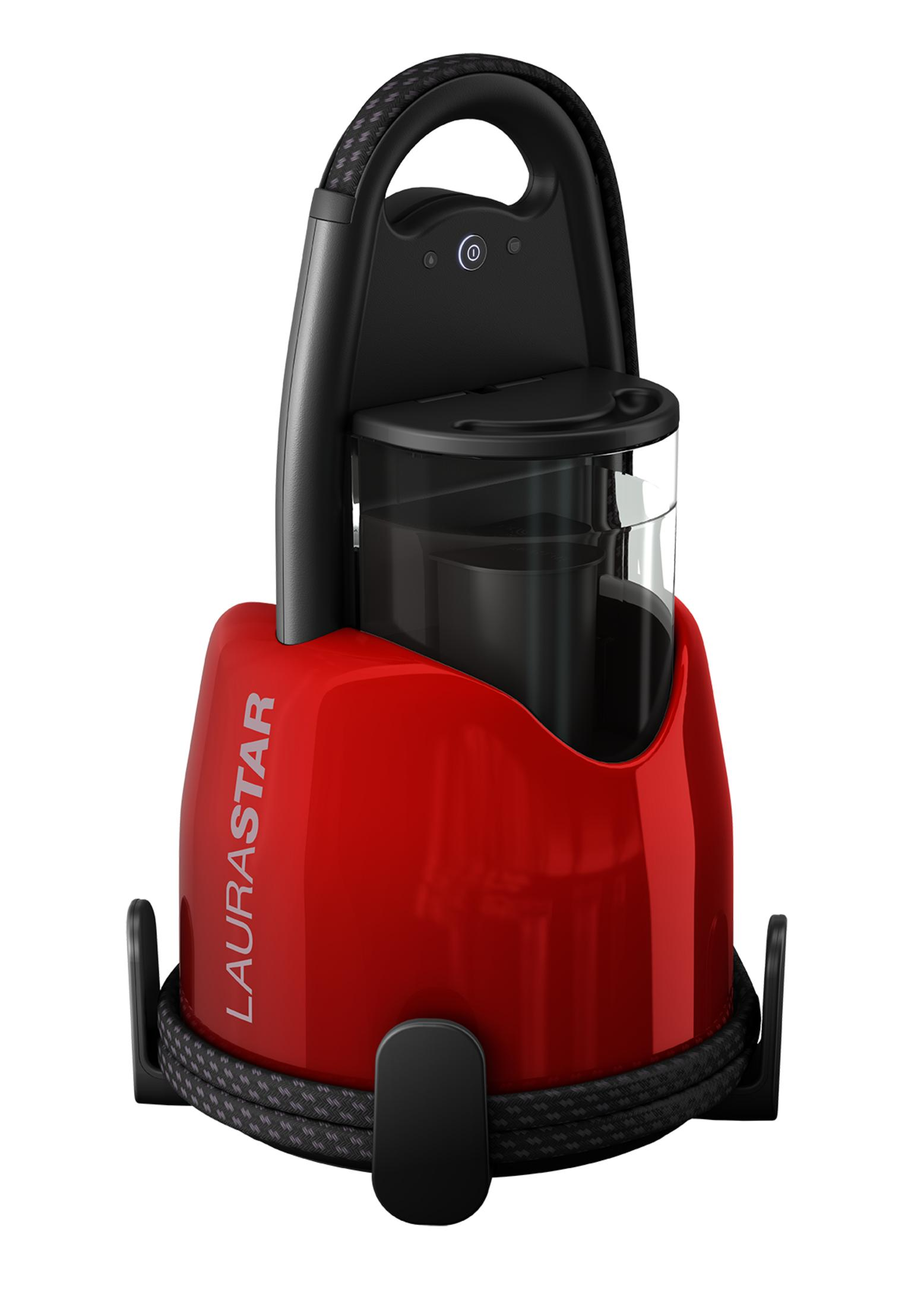 Ein glänzender, rot-schwarzer Laurastar Dampfgenerator mit Wassertank und Griff vor weißem Hintergrund.