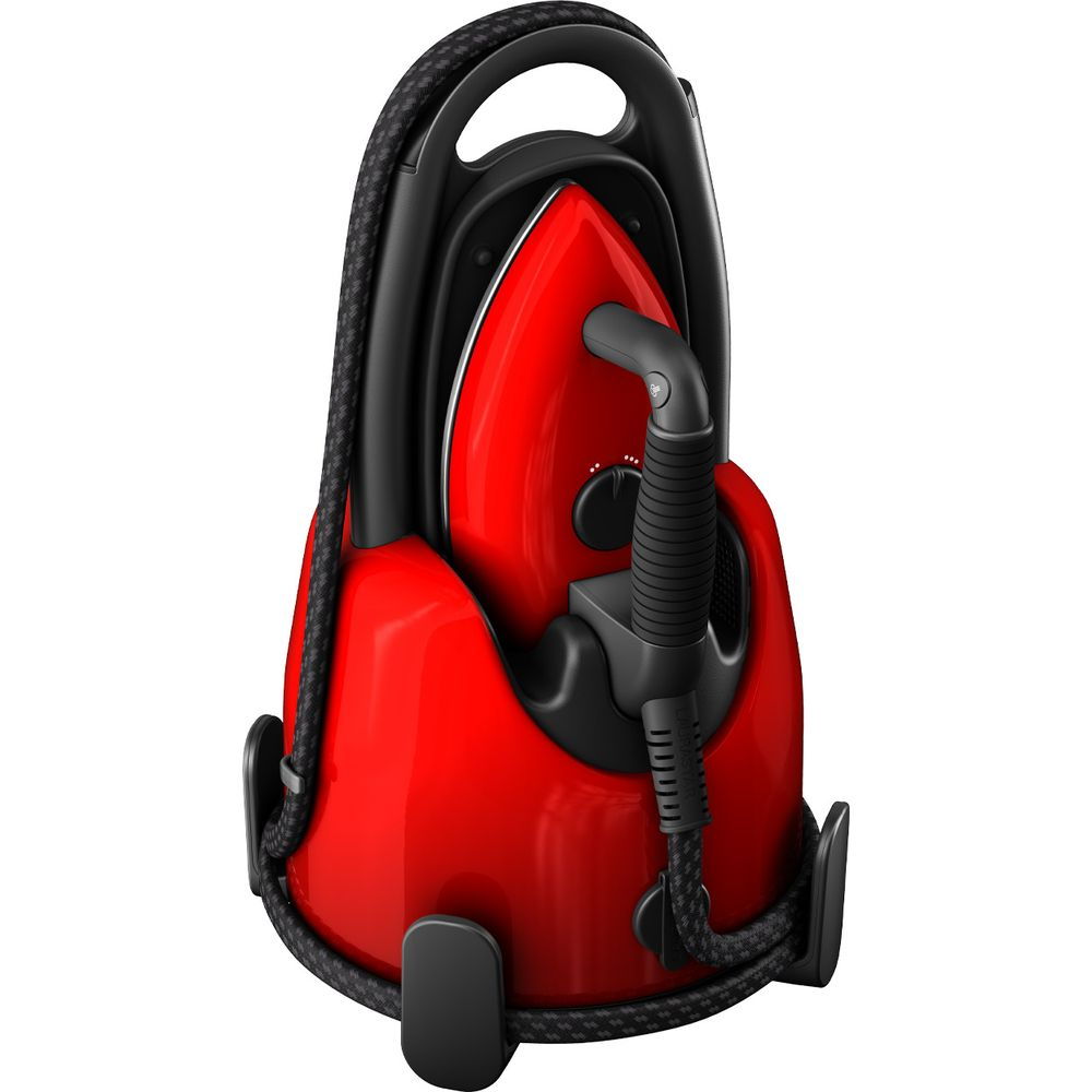 Ein elegantes rotes und schwarzes Kleiderdampfsystem, das vertikal vor einem schlichten weißen Hintergrund steht.