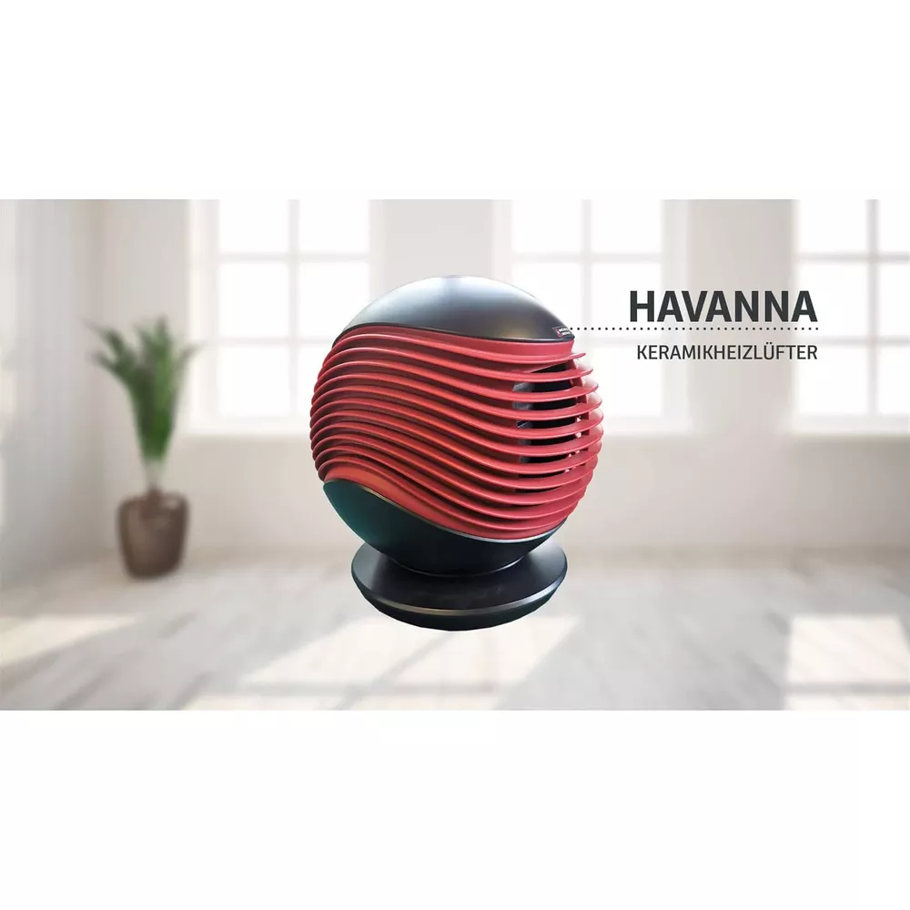 Un termoventilatore ceramico sferico nero e rosso chiamato Havanna, mostrato in interni.