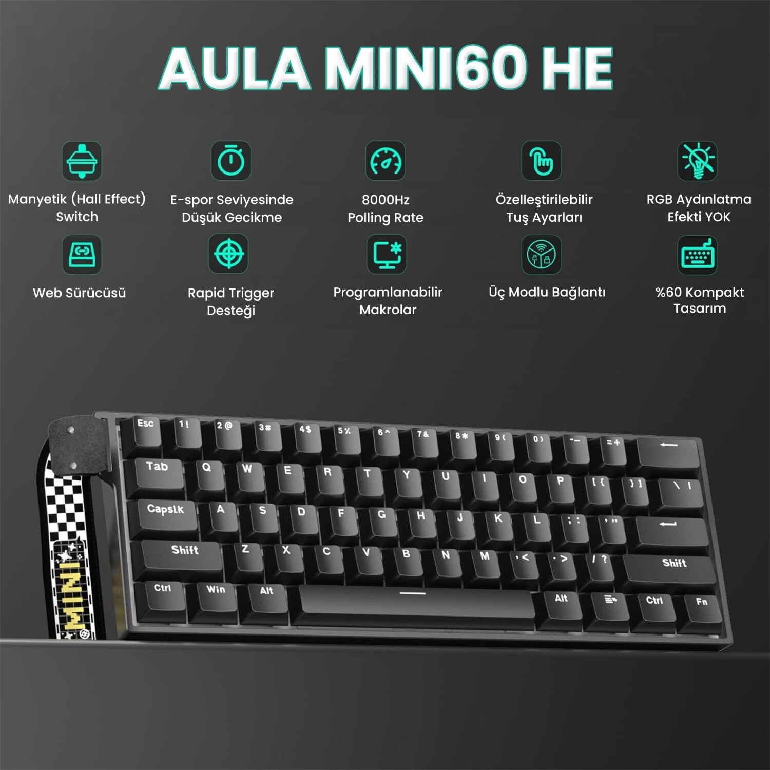 Siyah tuşlar, üstte canlı yeşil simgeler ve yanda yarış bayrağı tasarımıyla AULA MINI60 HE klavye.