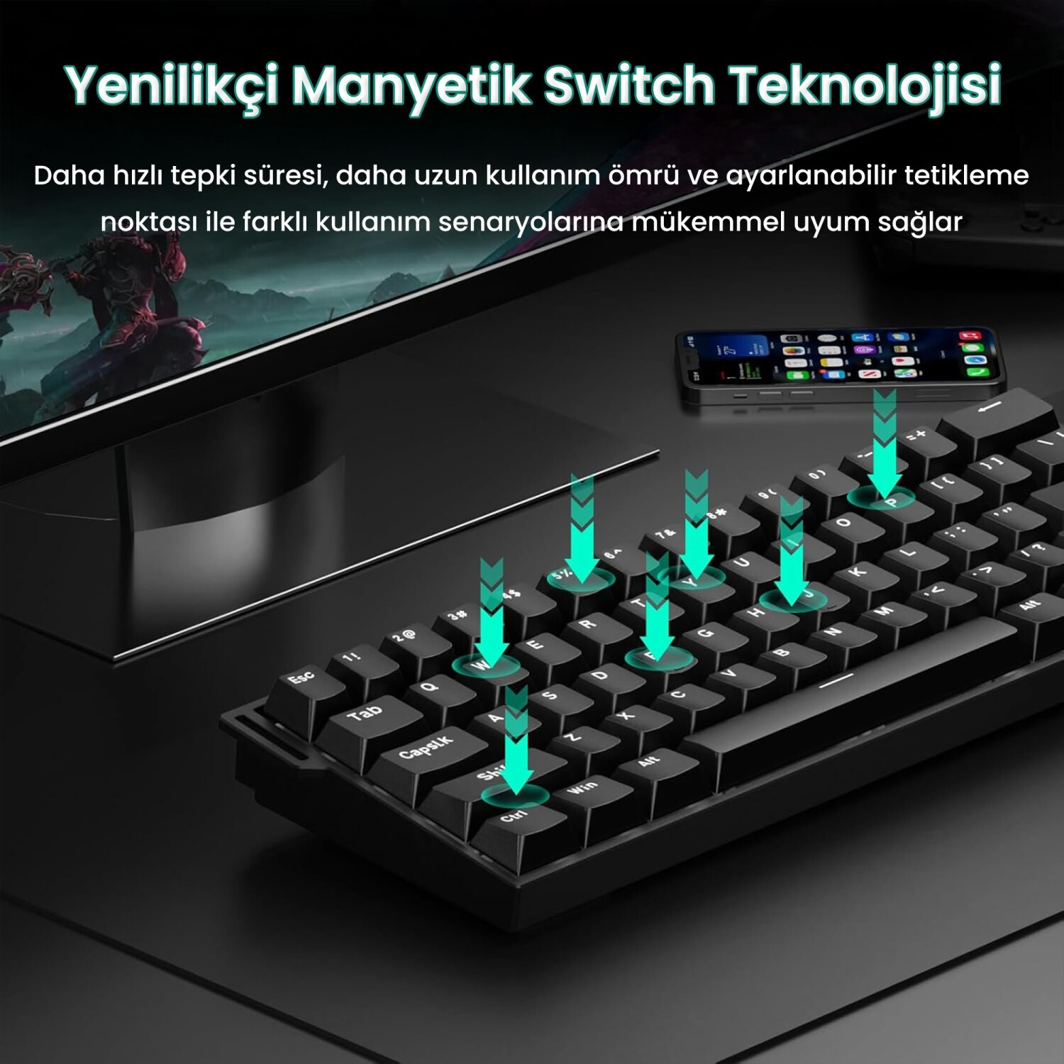 Manyetik anahtarlı siyah klavye ve tuşları gösteren yeşil oklar.