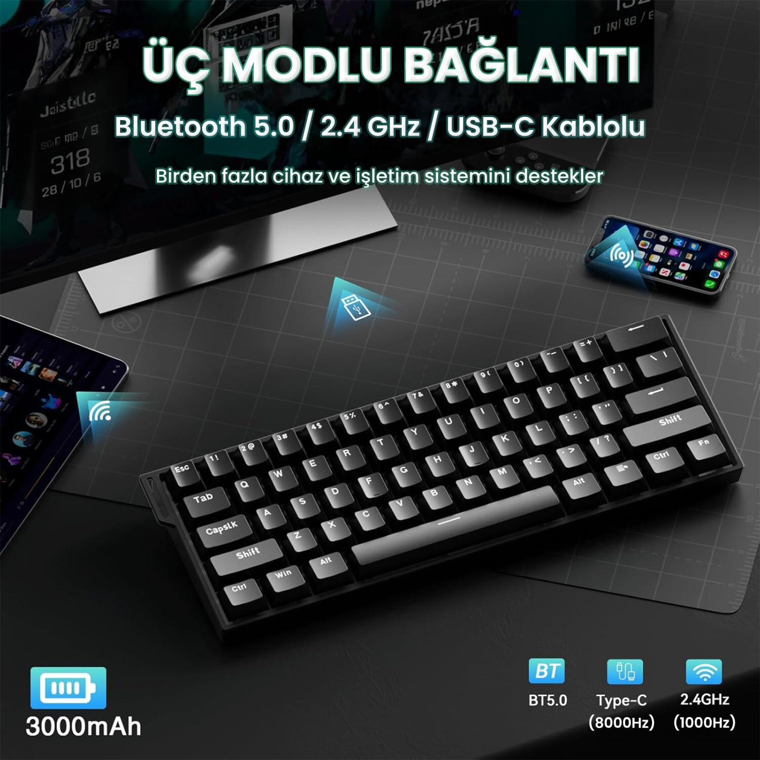 Masada Bluetooth, 2.4 GHz ve USB-C bağlantısına sahip siyah mekanik klavye.