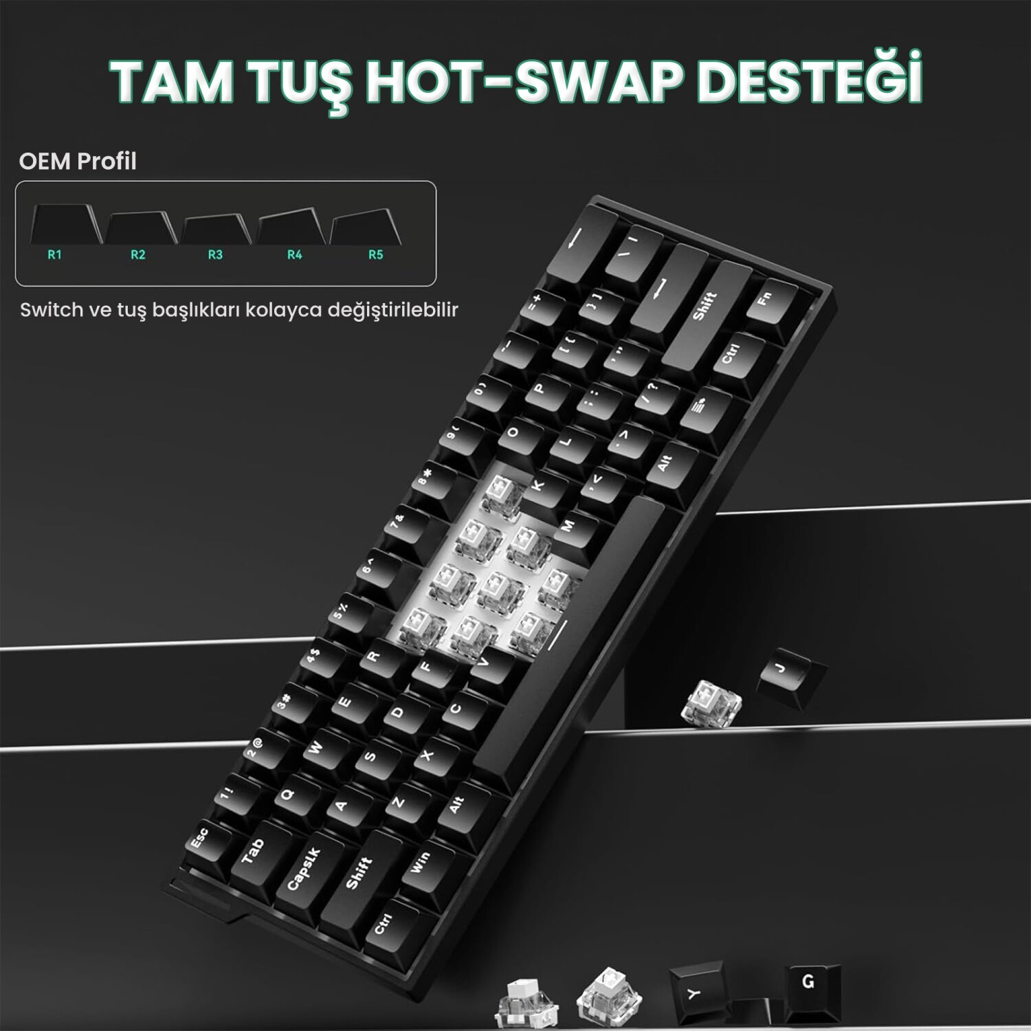 Çıkarılabilir tuş kapakları ve hot-swap özellikli anahtarlara sahip siyah mekanik klavye.