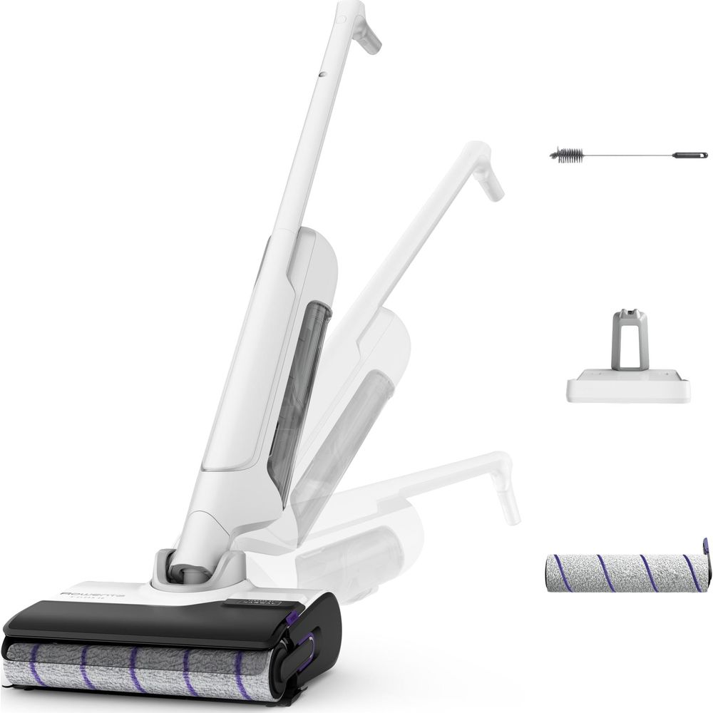 Aspirateur balai sans fil blanc avec accessoires et manche réglable sur fond blanc.