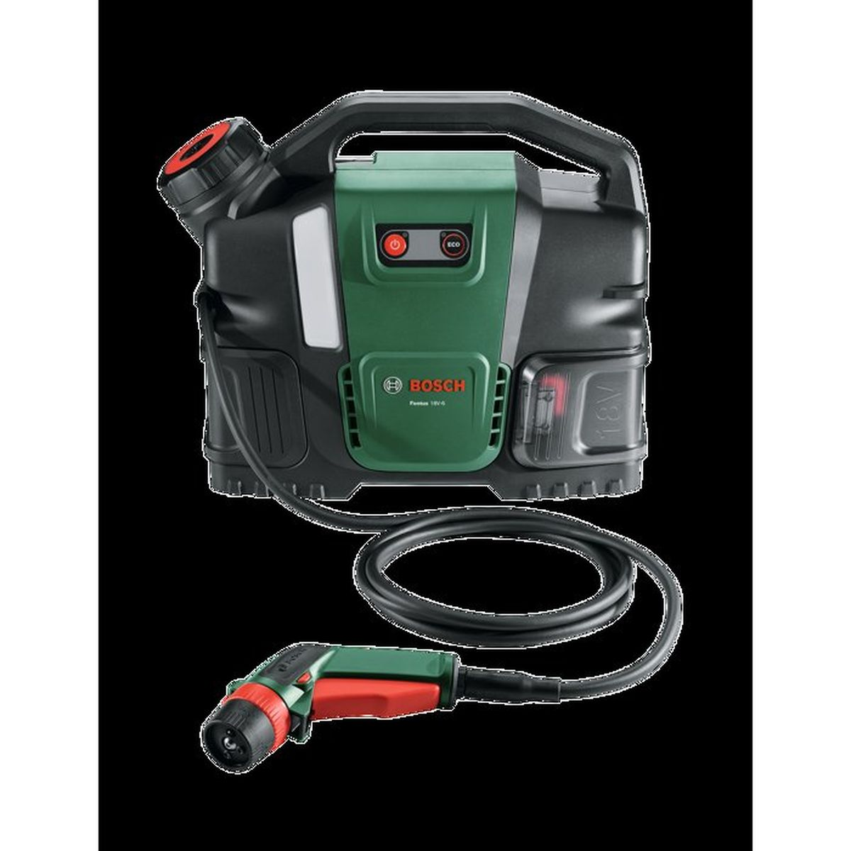 Nettoyeur haute pression sans fil Bosch Fontus vert avec tuyau et pistolet.